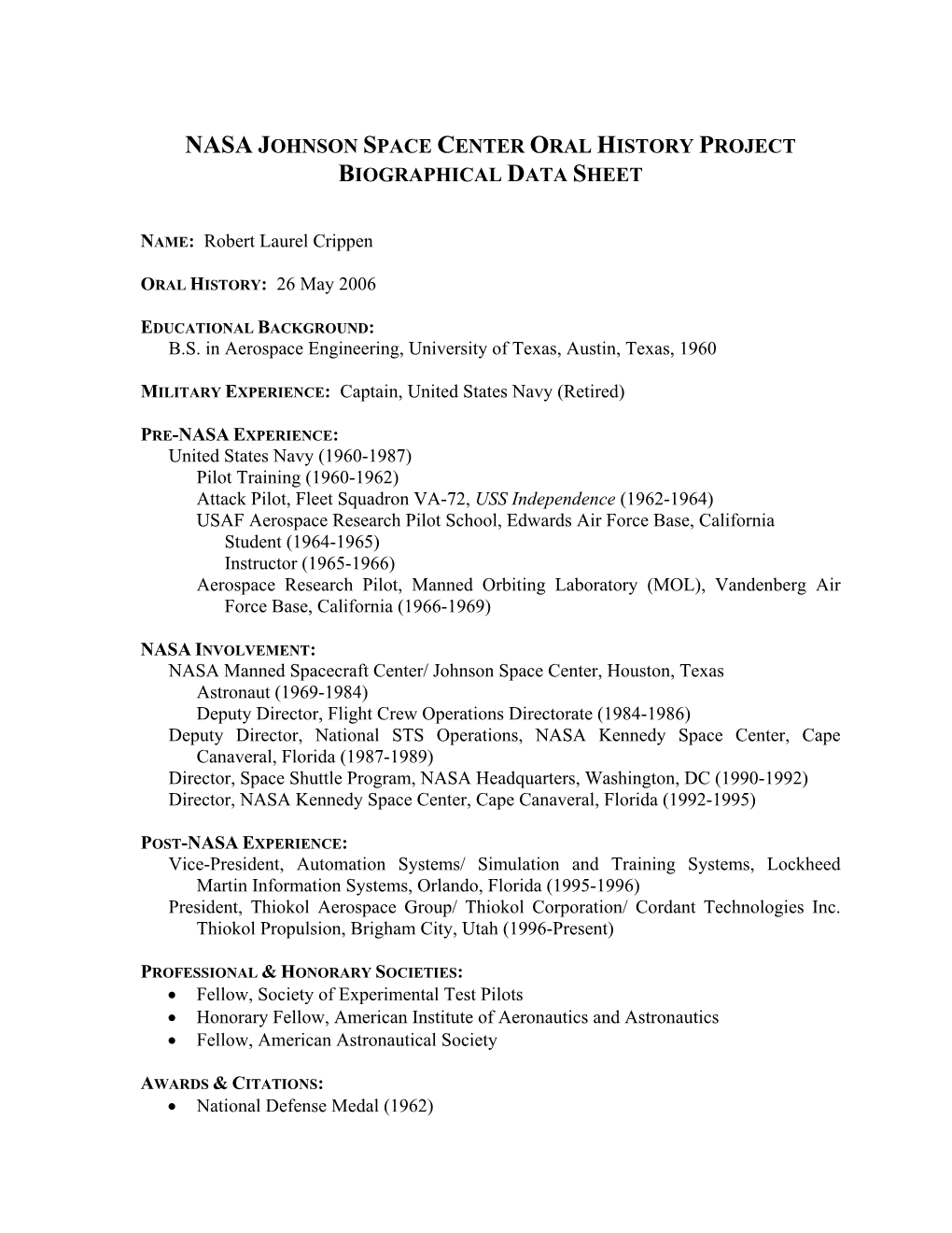 Nasa Johnson Space Center Oral History Project Biographical Data Sheet