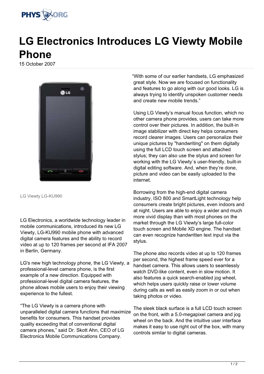 LG Electronics Introduces LG Viewty Mobile Phone 15 October 2007