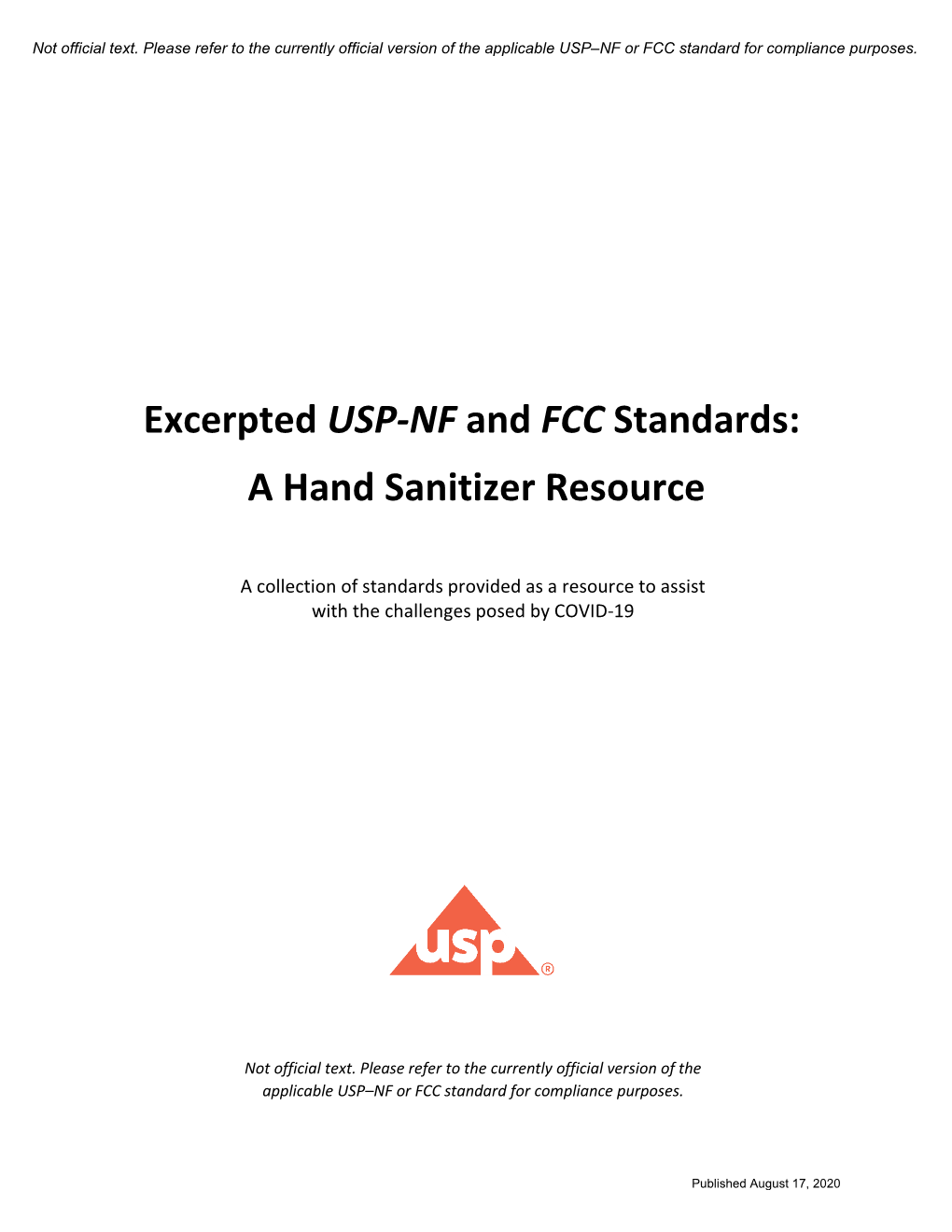 Excerpted USP-NF and FCC Standards: a Hand Sanitizer Resource