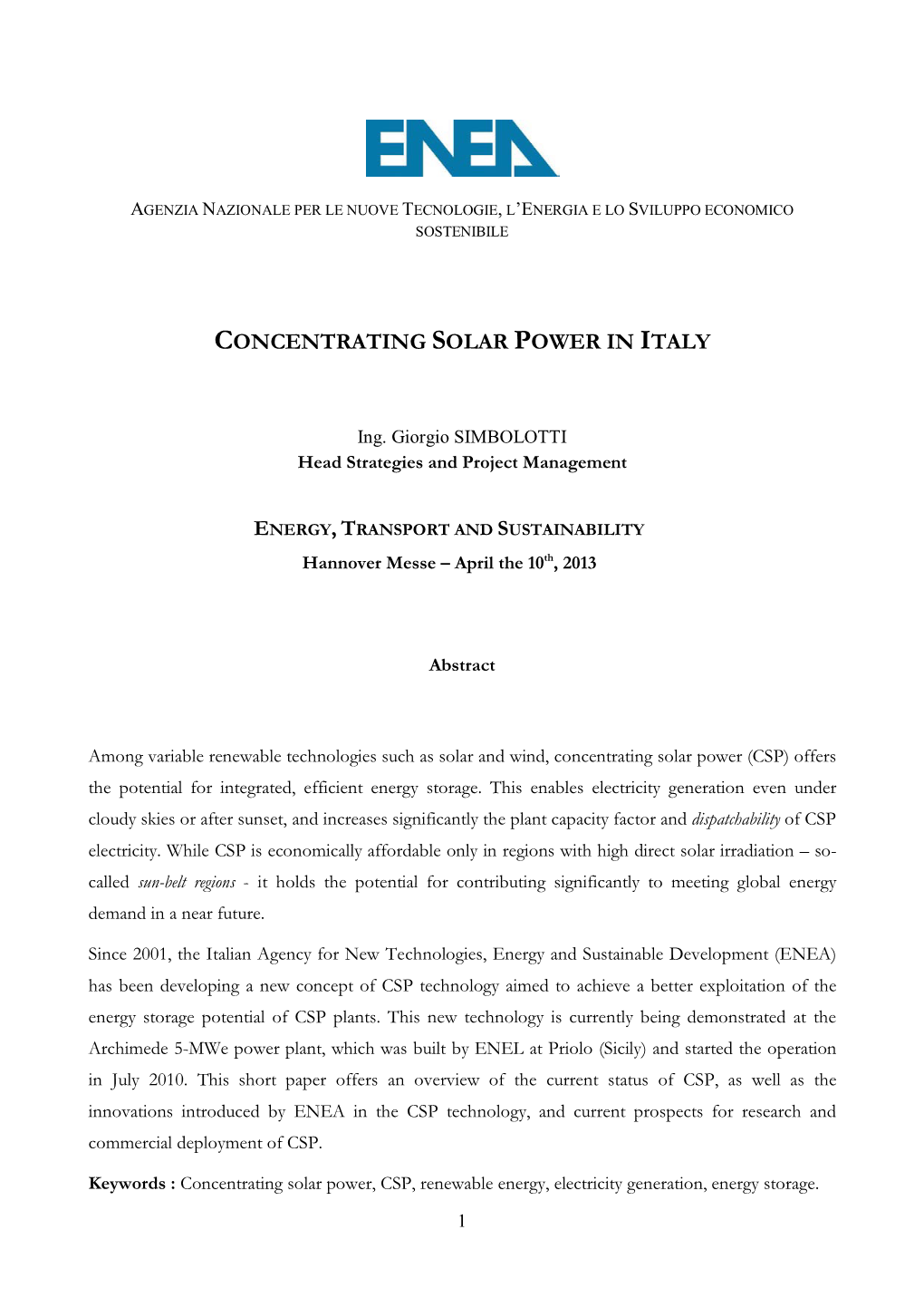 Concentrating Solar Power in Italy