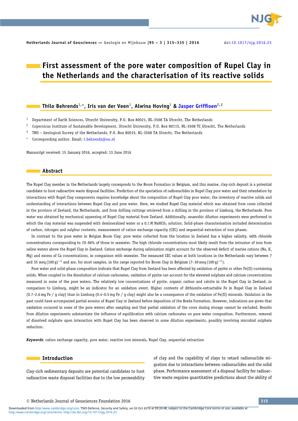 First Assessment of the Pore Water Composition of Rupel Clay in the Netherlands and the Characterisation of Its Reactive Solids