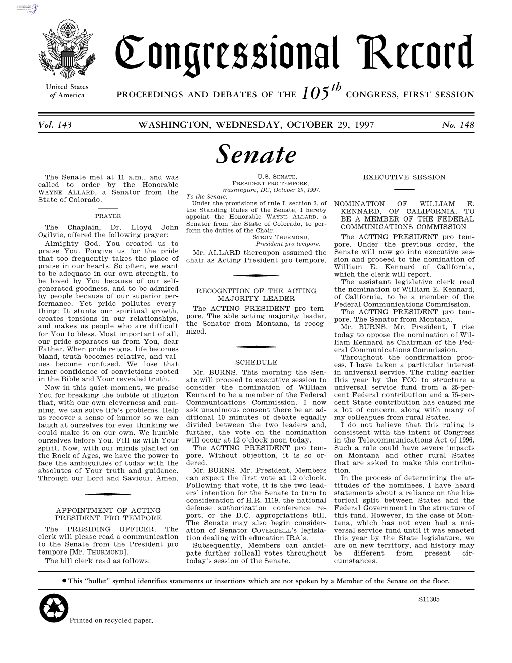 Congressional Record United States Th of America PROCEEDINGS and DEBATES of the 105 CONGRESS, FIRST SESSION