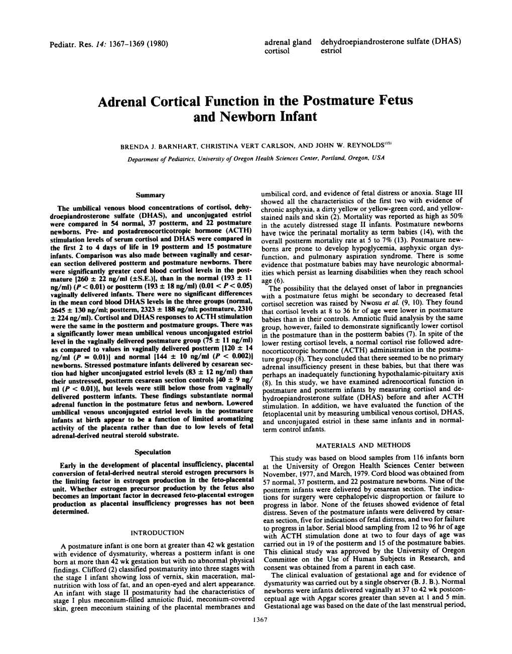 Adrenal Cortical Function in the Postmature Fetus and Newborn Infant