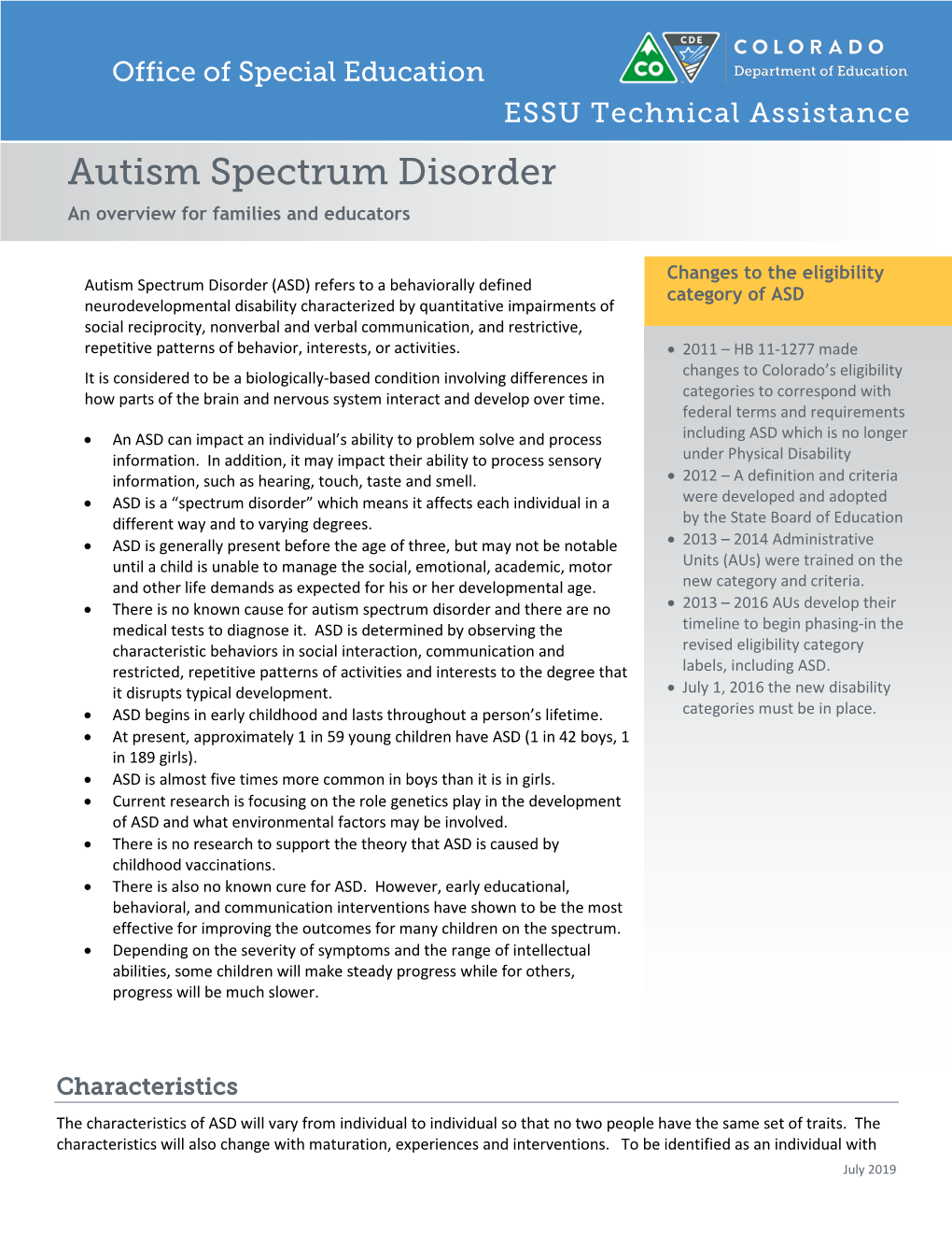 Autism Spectrum Disorder an Overview for Families and Educators