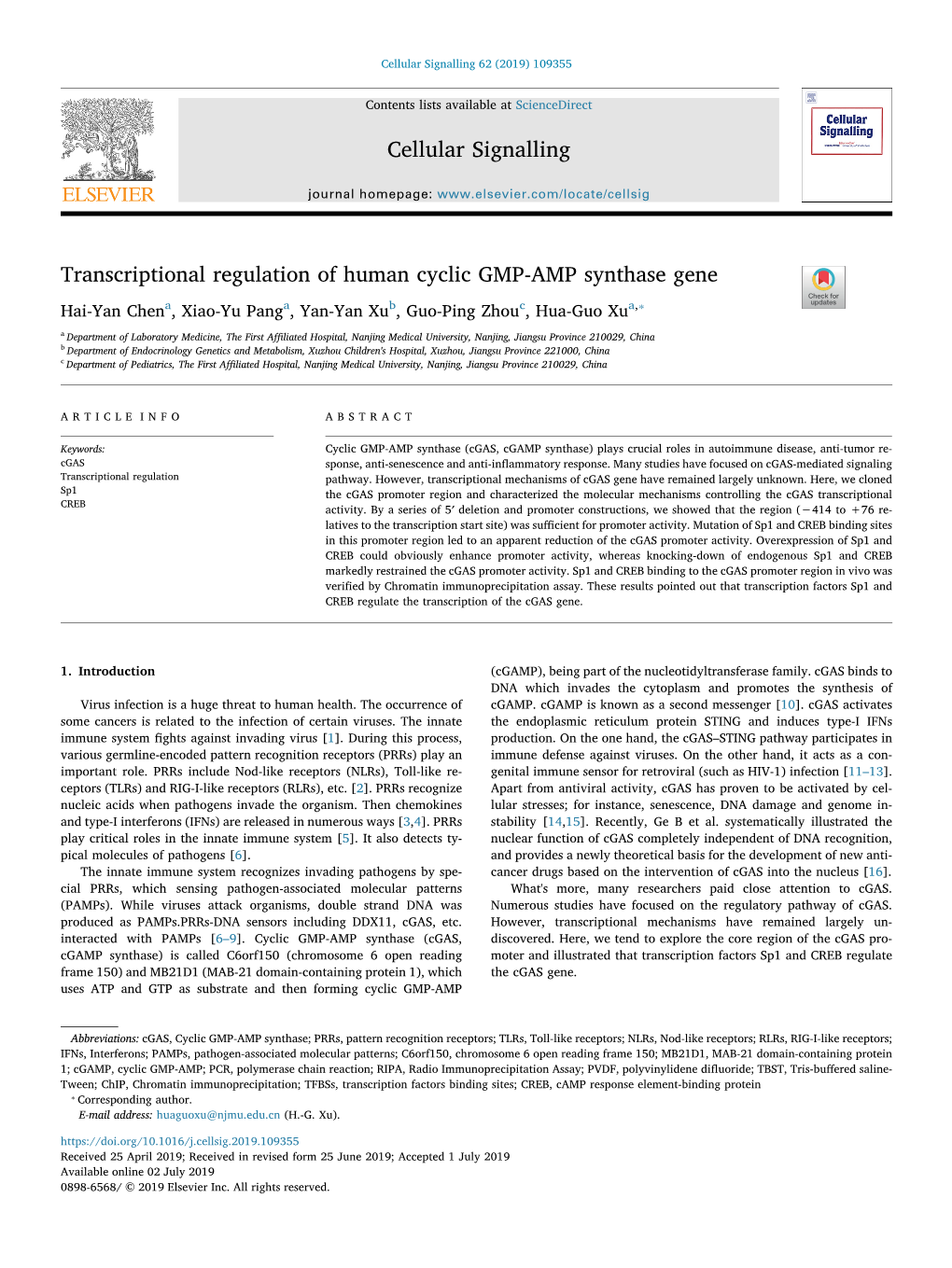 Transcriptional Regulation of Human Cyclic GMP-AMP Synthase Gene