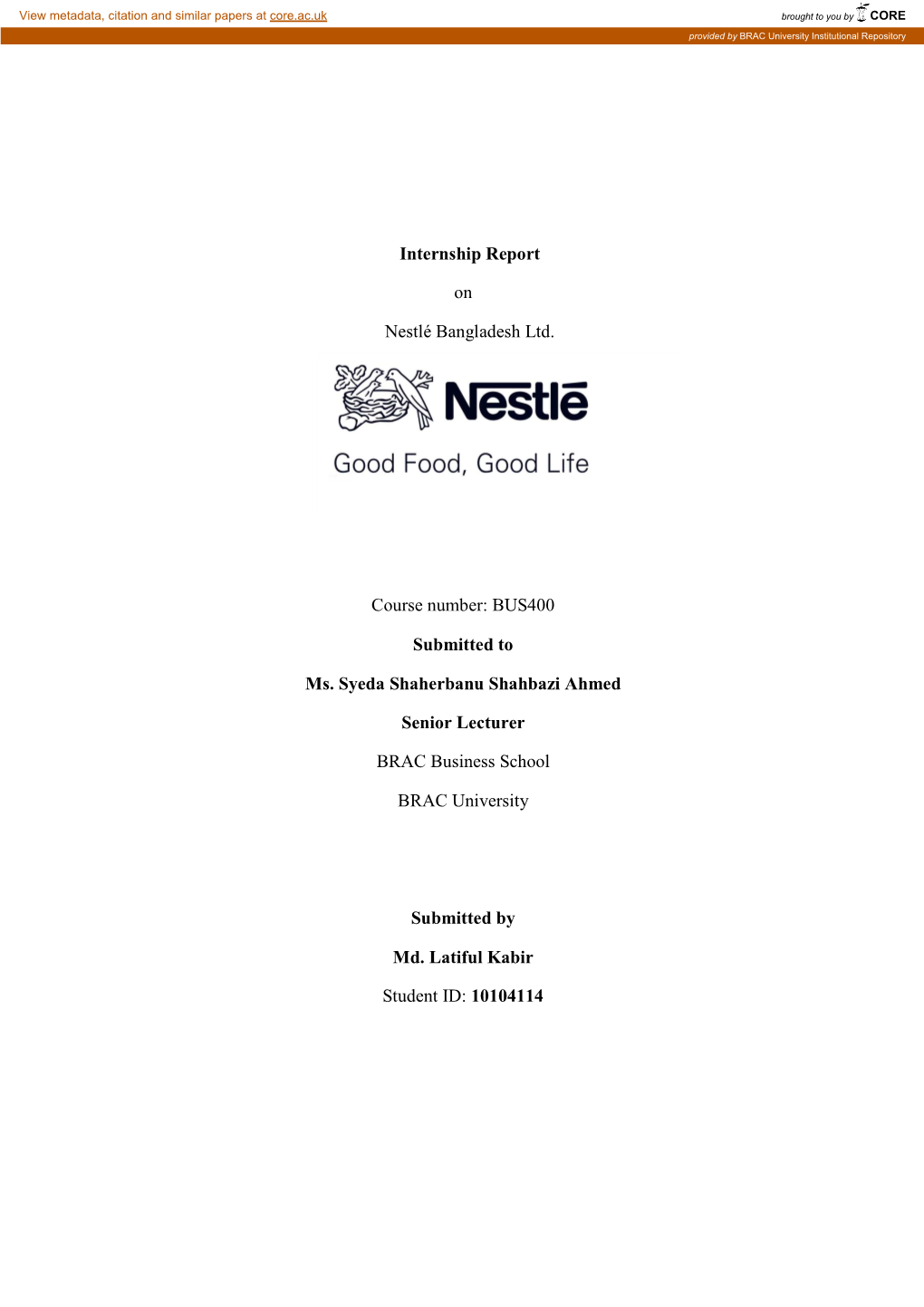 Internship Report on Nestlé Bangladesh Ltd. Course Number