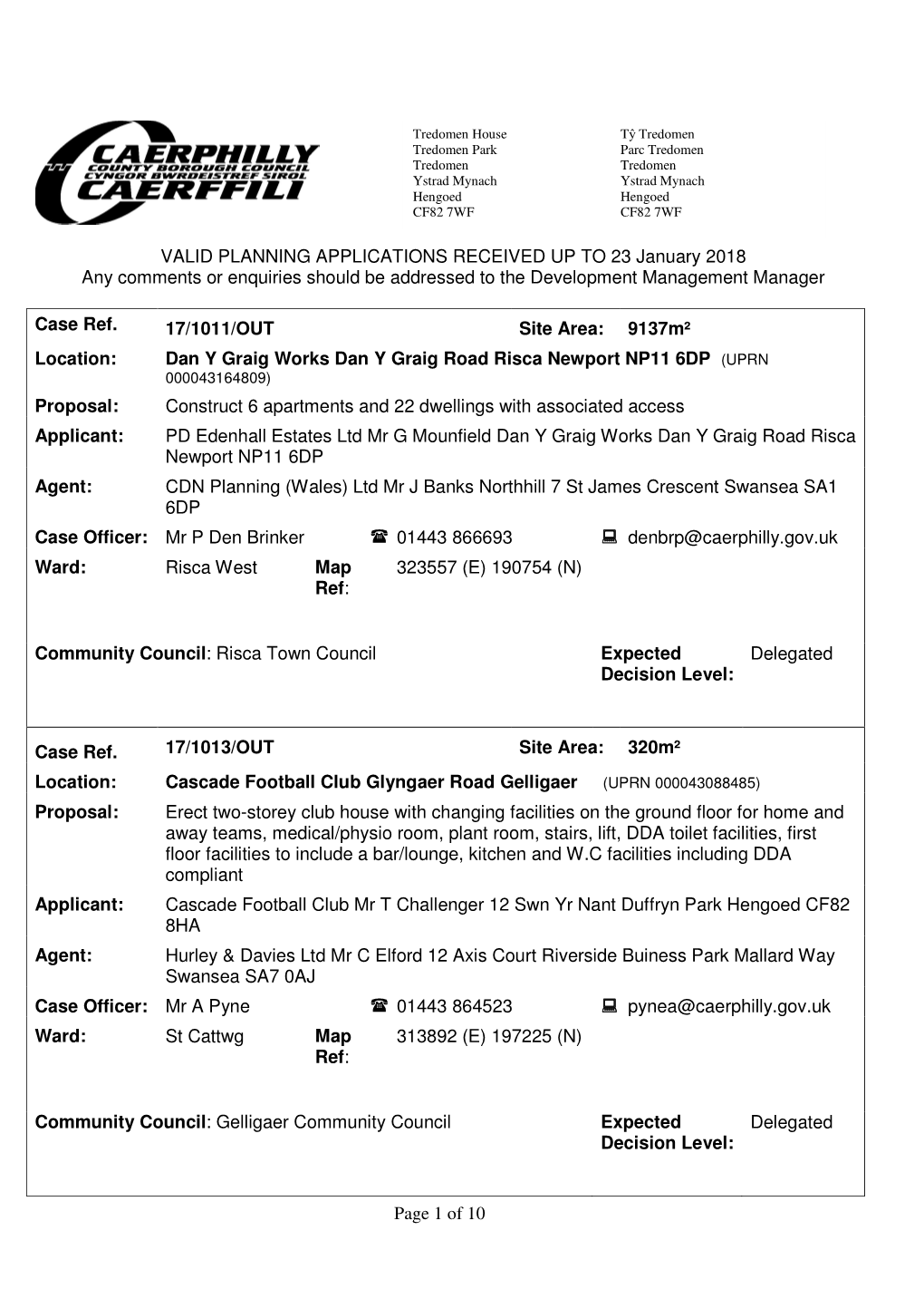 Of 10 VALID PLANNING APPLICATIONS RECEIVED up to 23 January 2018 Any Comments Or Enquiries Should Be Addressed to The