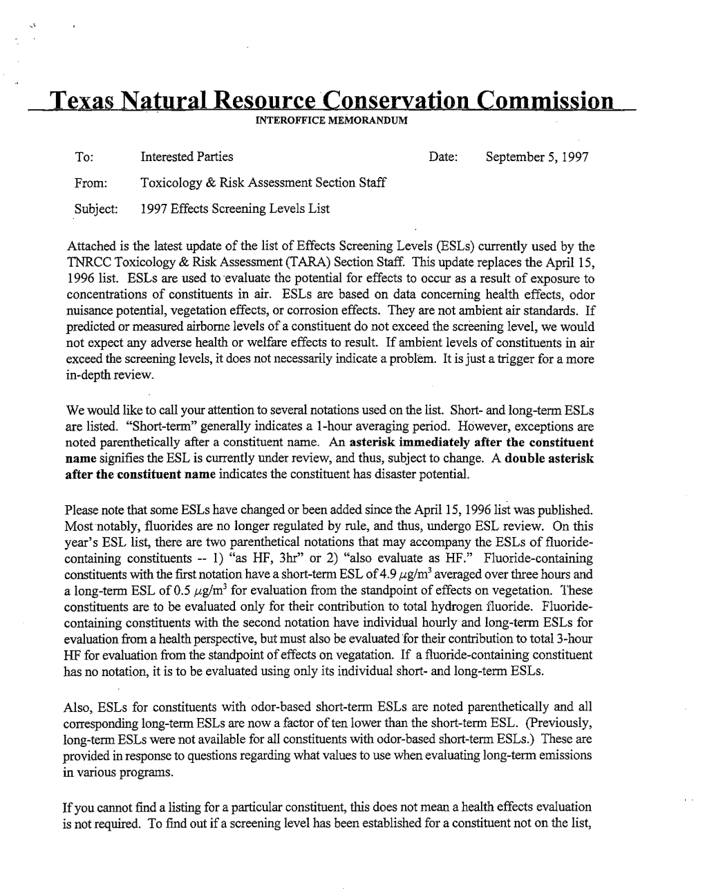 1997 From: Toxicology & Risk Assessment Section Staff Subject: 1997 Effects Screening Levels List