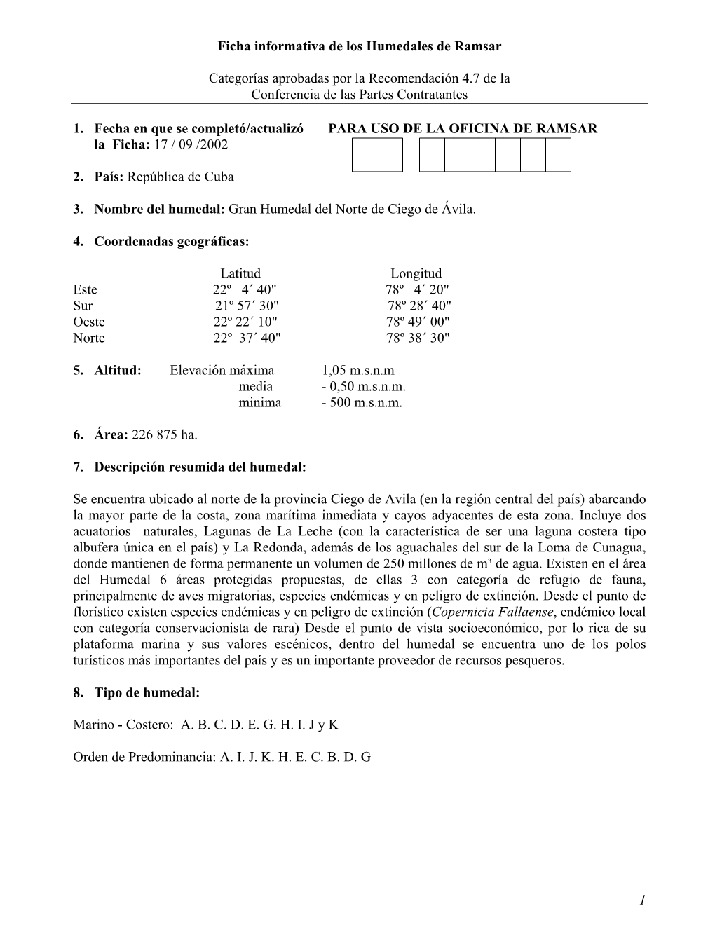 1 Ficha Informativa De Los Humedales De Ramsar Categorías Aprobadas