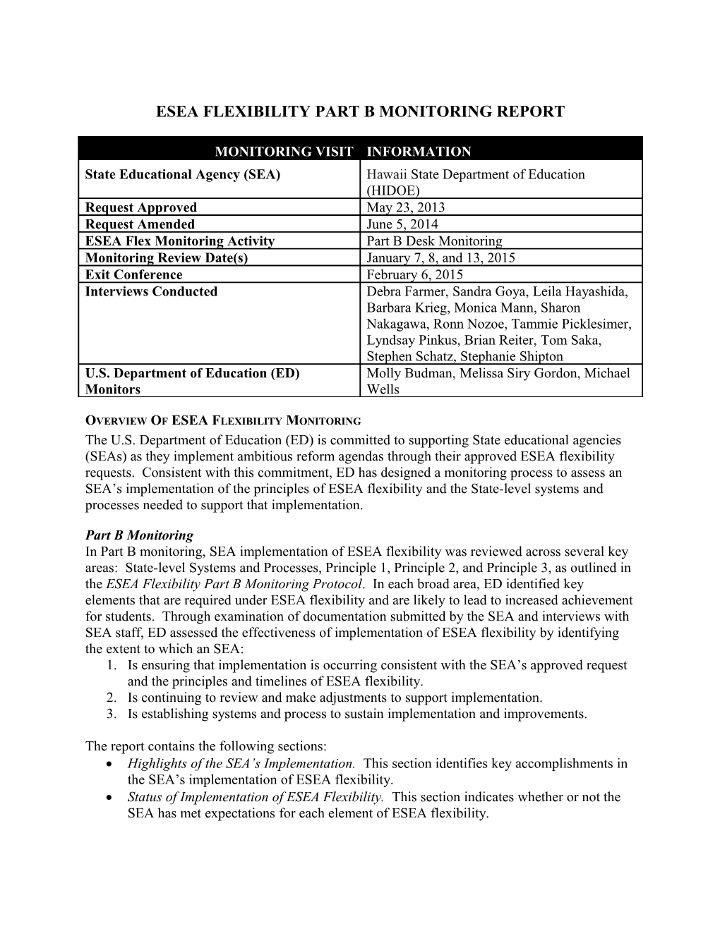 Hawaii ESEA Part B Monitoring Report (WORD) 3-9-2015