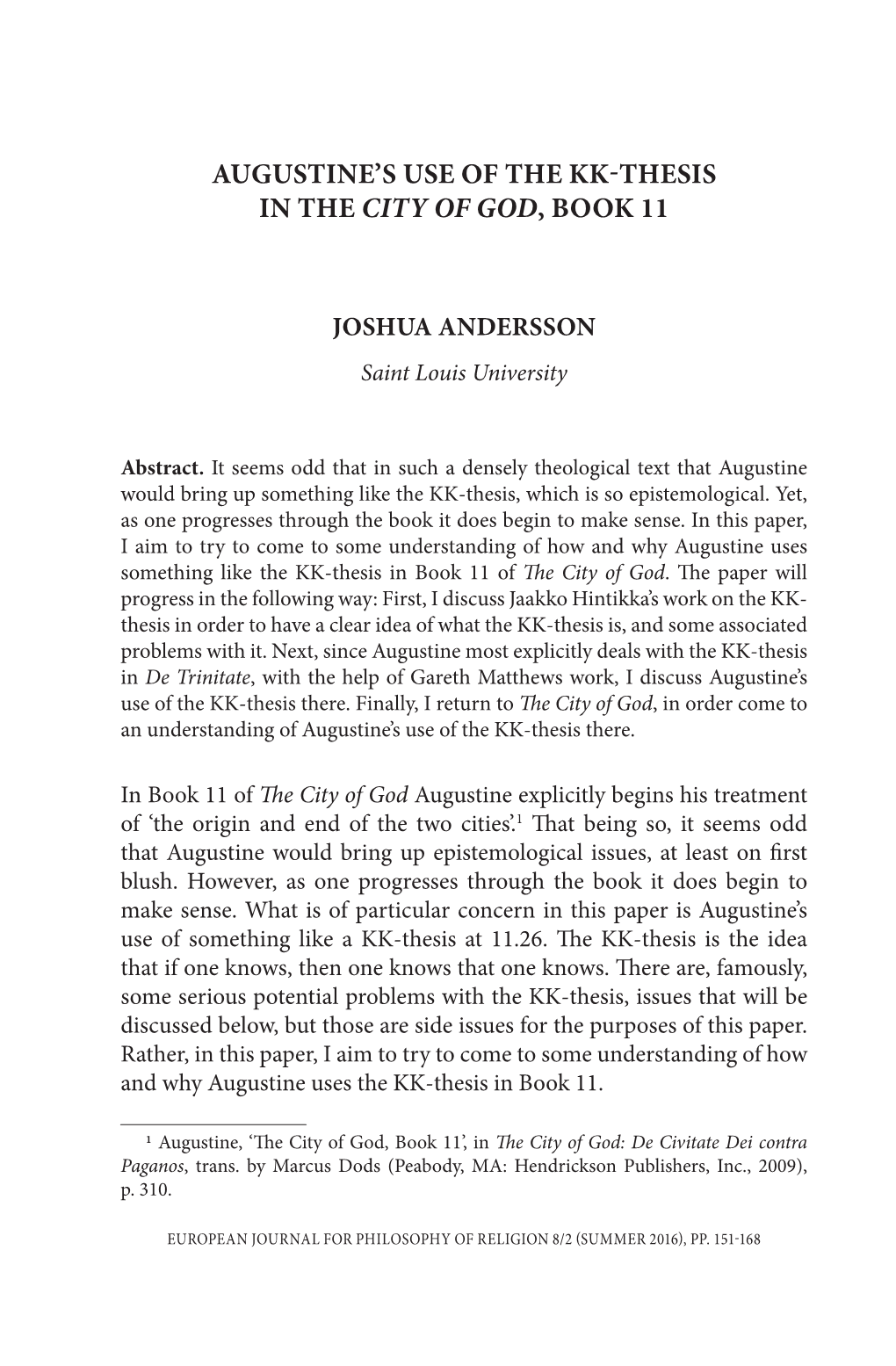 Augustine's Use of the Kk-Thesis in the City of God, Book 11