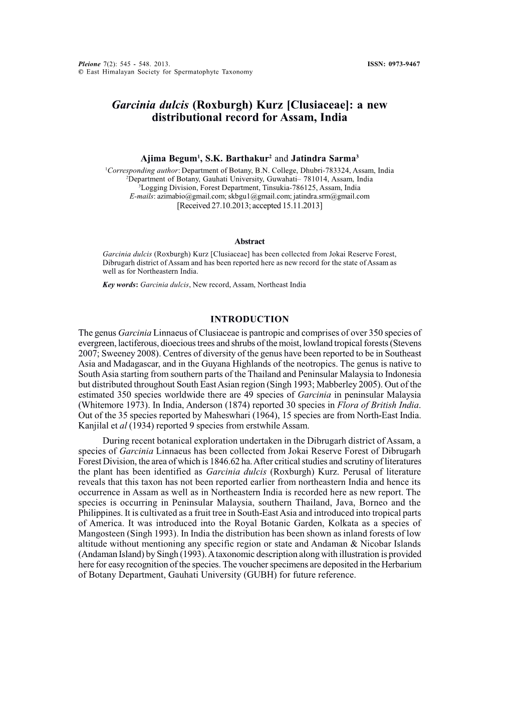 Garcinia Dulcis (Roxburgh) Kurz [Clusiaceae]: a New Distributional Record for Assam, India