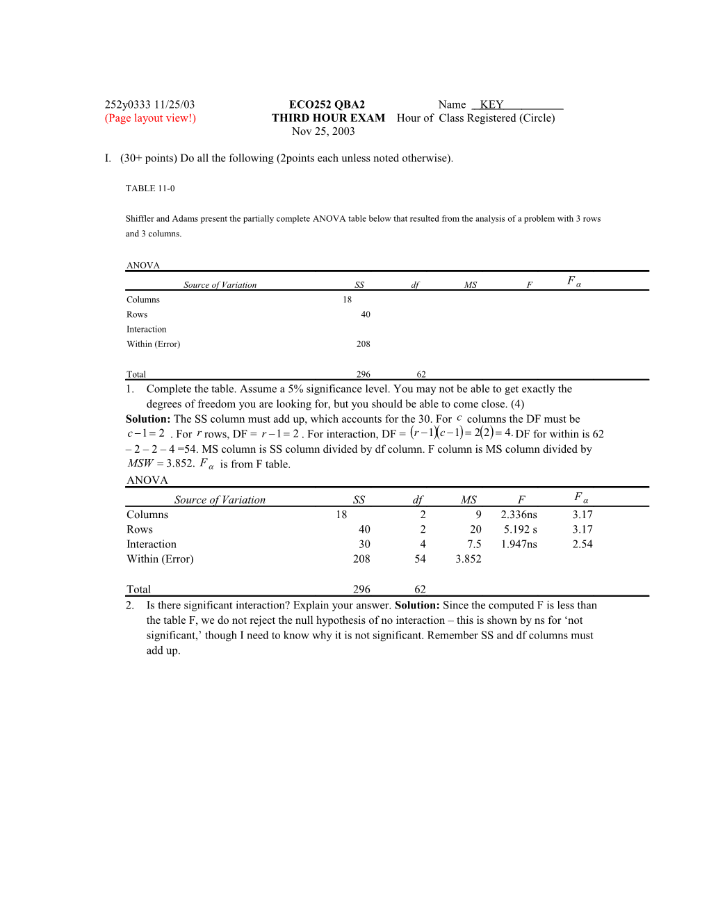 Page Layout View!) THIRD HOUR EXAM Hour of Class Registered (Circle