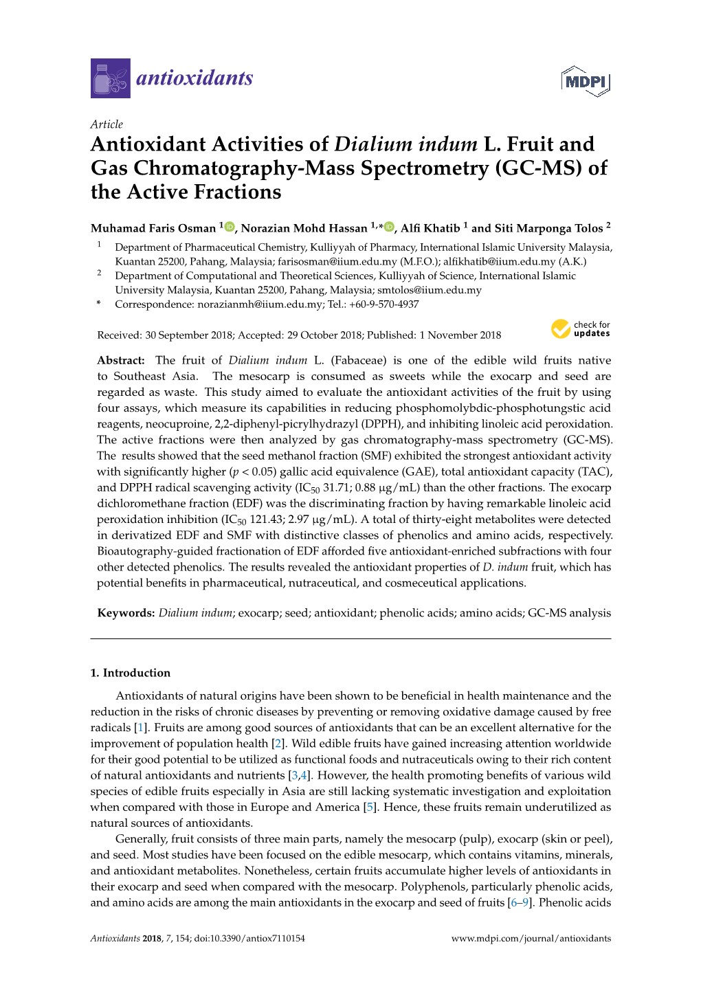 Antioxidant Activities of Dialium Indum L. Fruit and Gas Chromatography-Mass Spectrometry (GC-MS) of the Active Fractions
