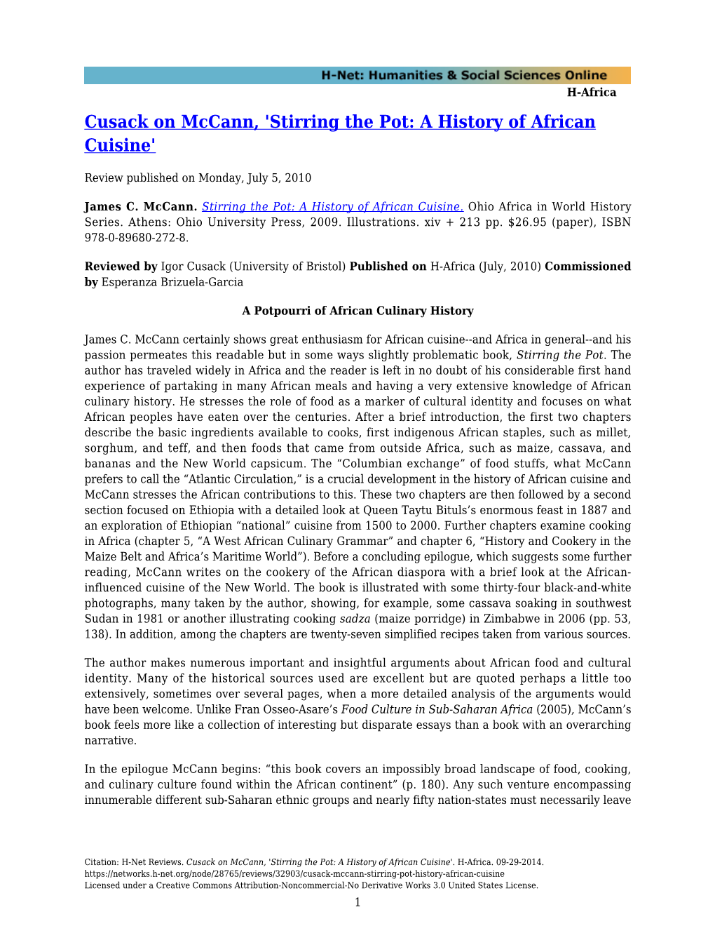 Cusack on Mccann, 'Stirring the Pot: a History of African Cuisine'