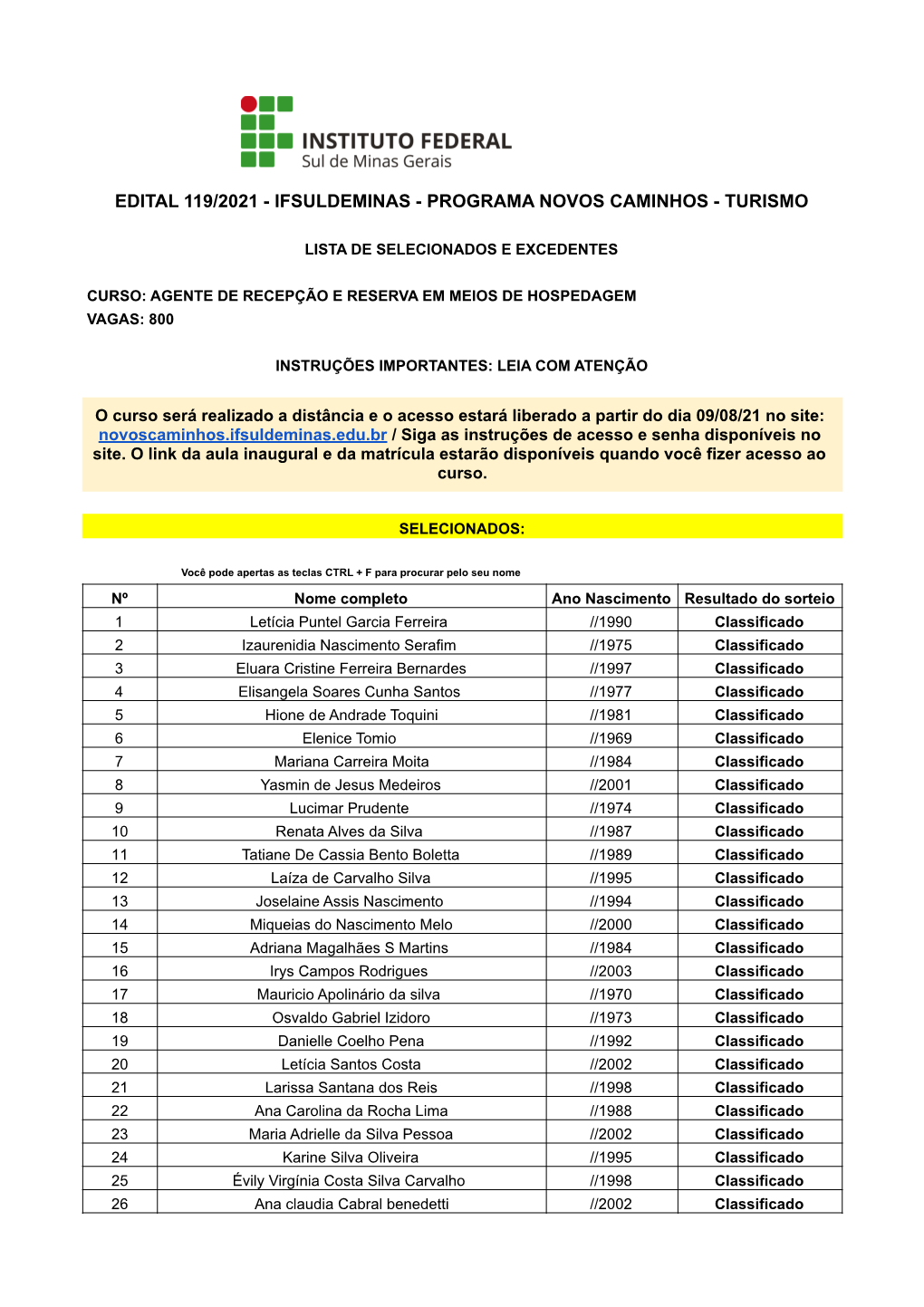 Edital 119/2021 - Ifsuldeminas - Programa Novos Caminhos - Turismo