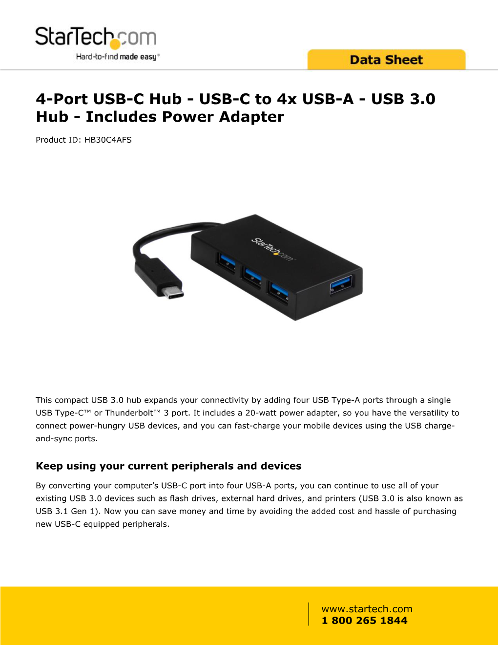 4-Port USB-C Hub - USB-C to 4X USB-A - USB 3.0 Hub - Includes Power Adapter