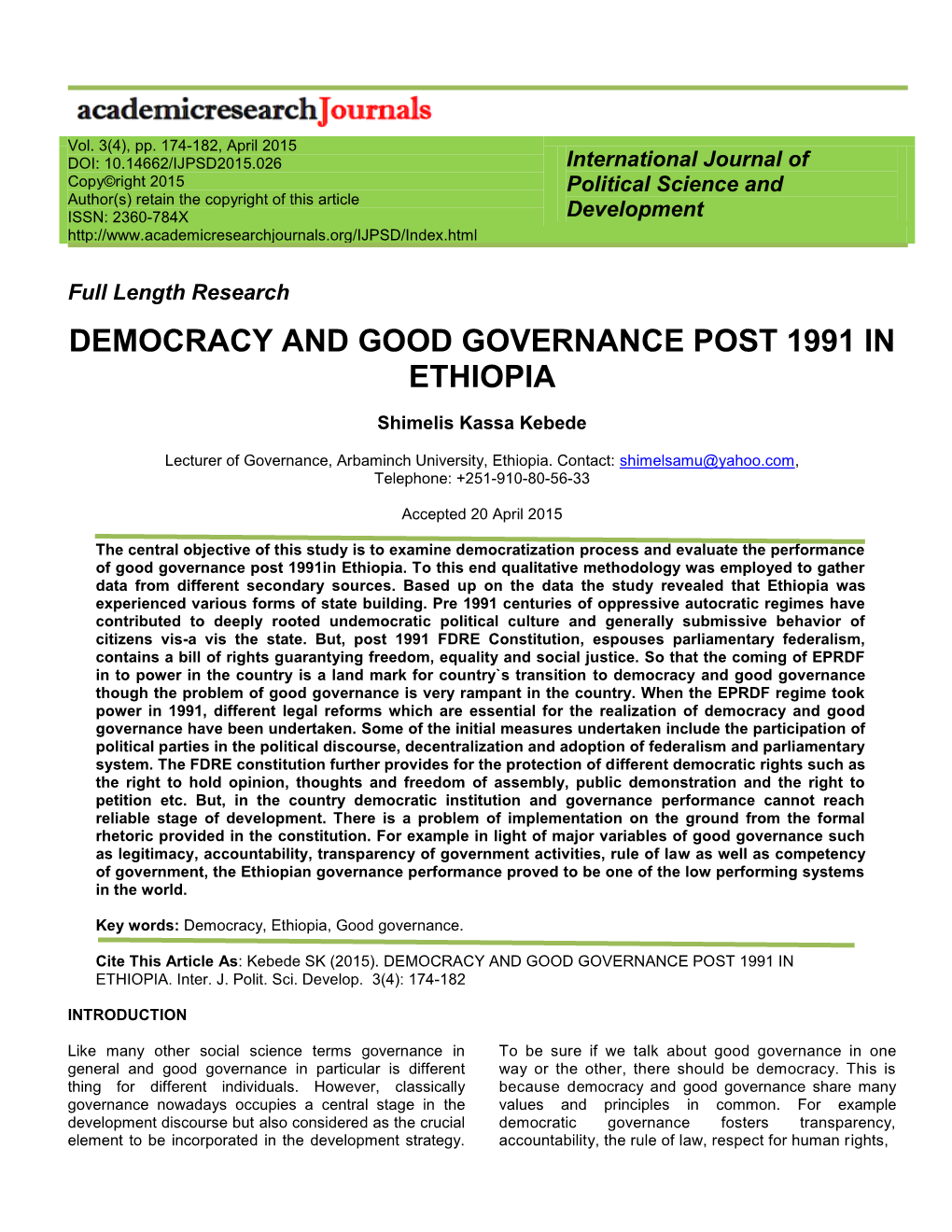Democracy and Good Governance Post 1991 in Ethiopia
