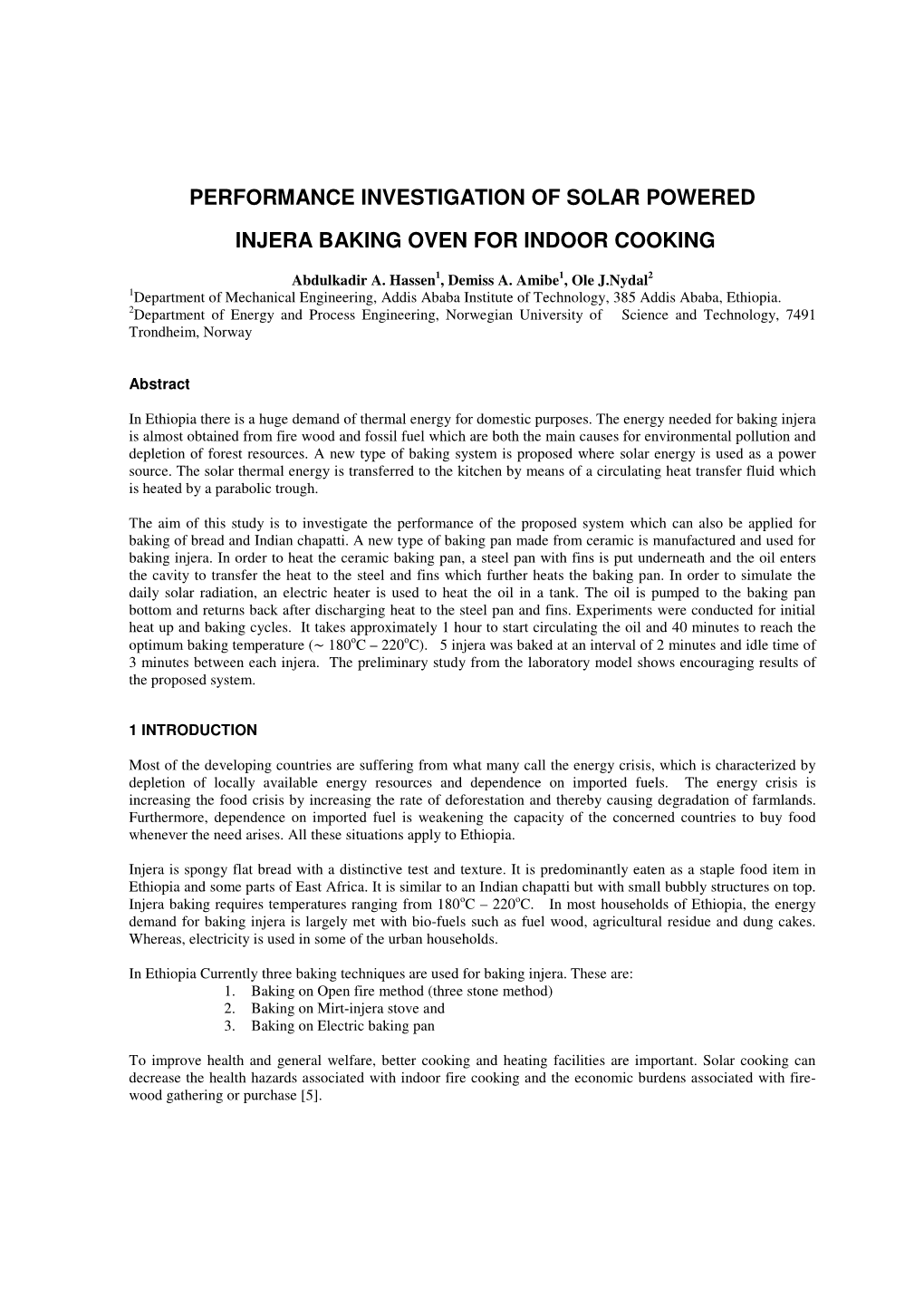 Performance Investigation of Solar Powered Injera Baking Oven For