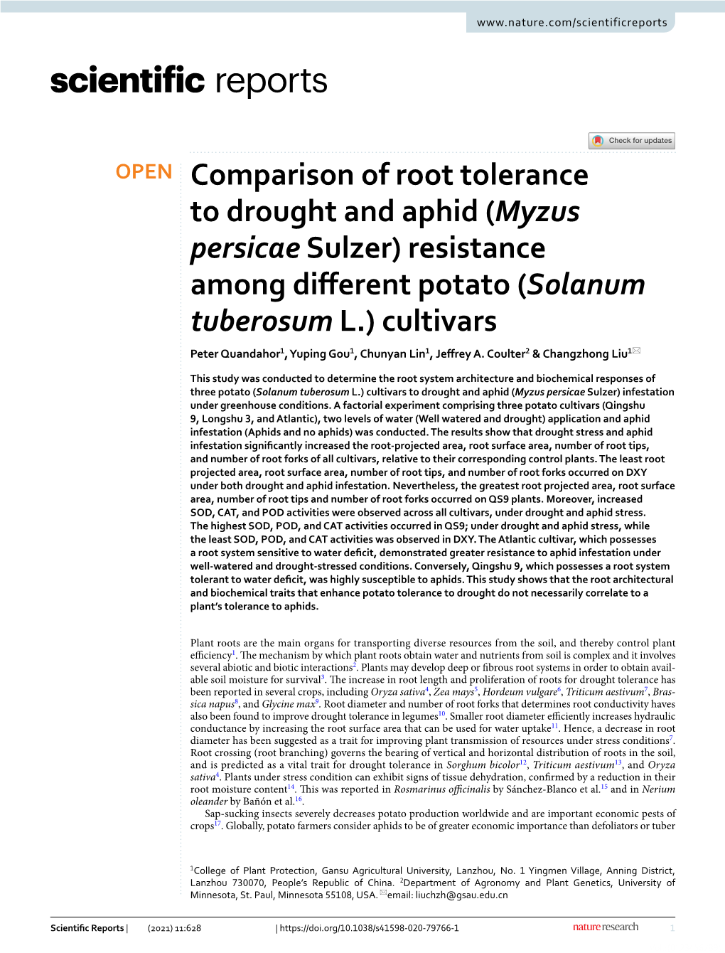 Comparison of Root Tolerance to Drought and Aphid (Myzus Persicae