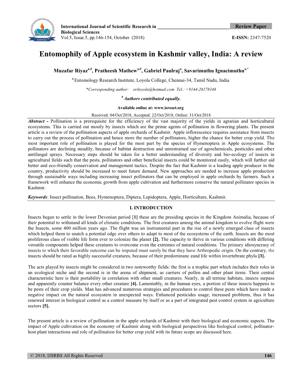 Entomophily of Apple Ecosystem in Kashmir Valley, India: a Review