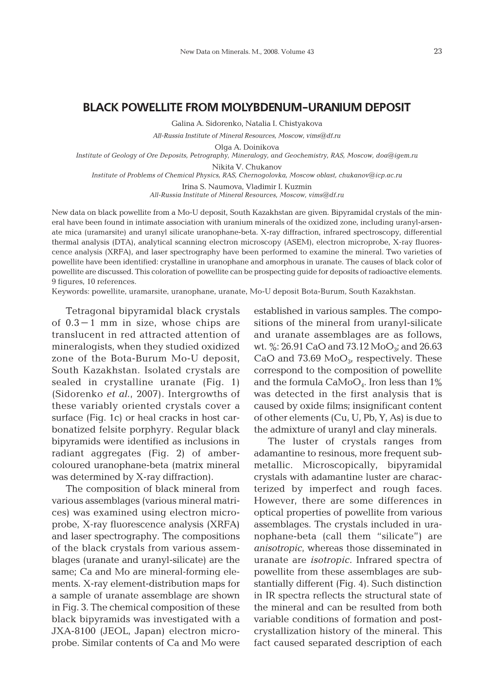 BLACK POWELLITE from MOLYBDENUM-URANIUM DEPOSIT Galina A