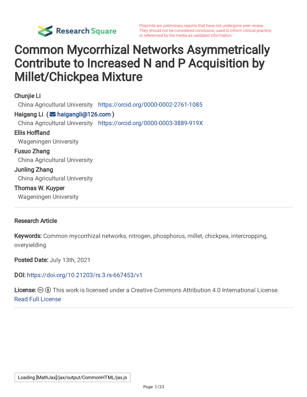 Common Mycorrhizal Networks Asymmetrically Contribute to Increased N and P Acquisition by Millet/Chickpea Mixture