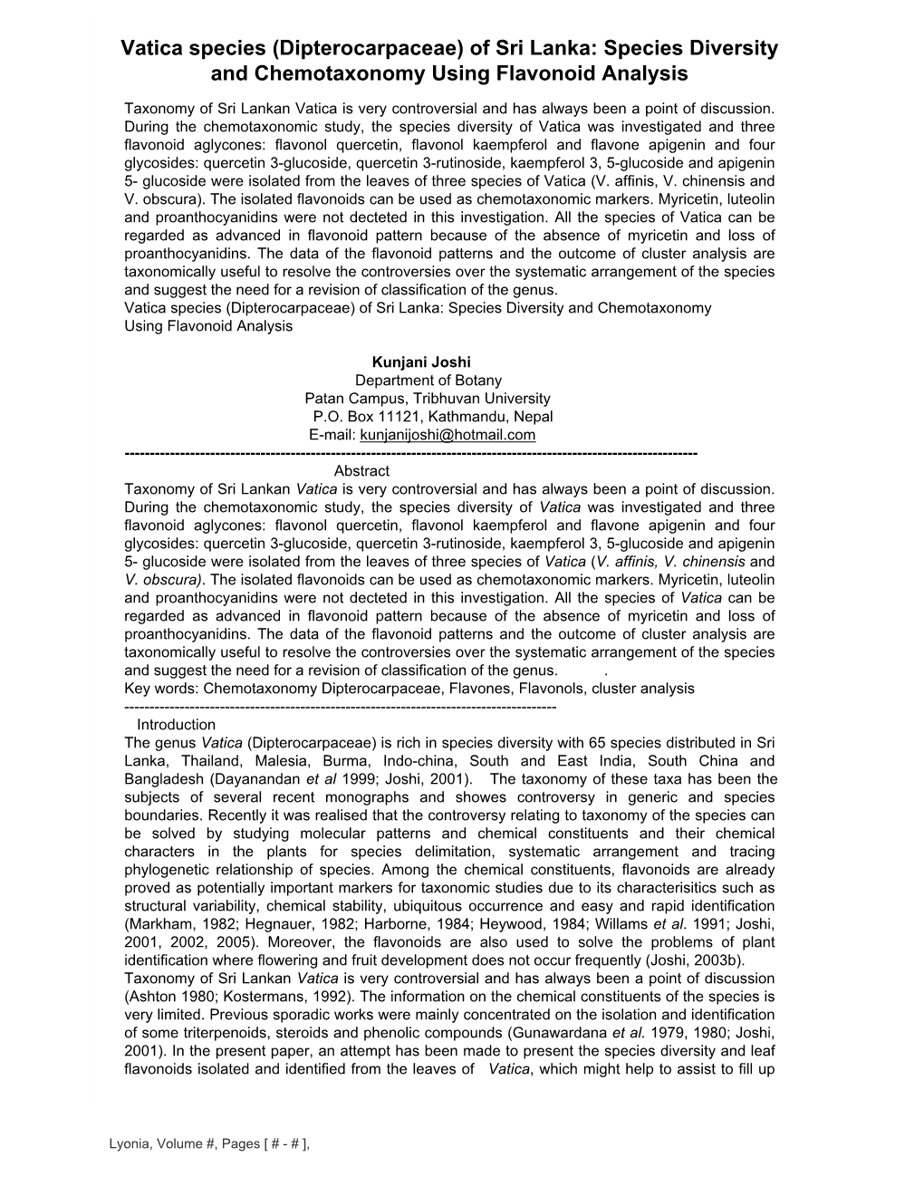 Vatica Species (Dipterocarpaceae) of Sri Lanka: Species Diversity and Chemotaxonomy Using Flavonoid Analysis