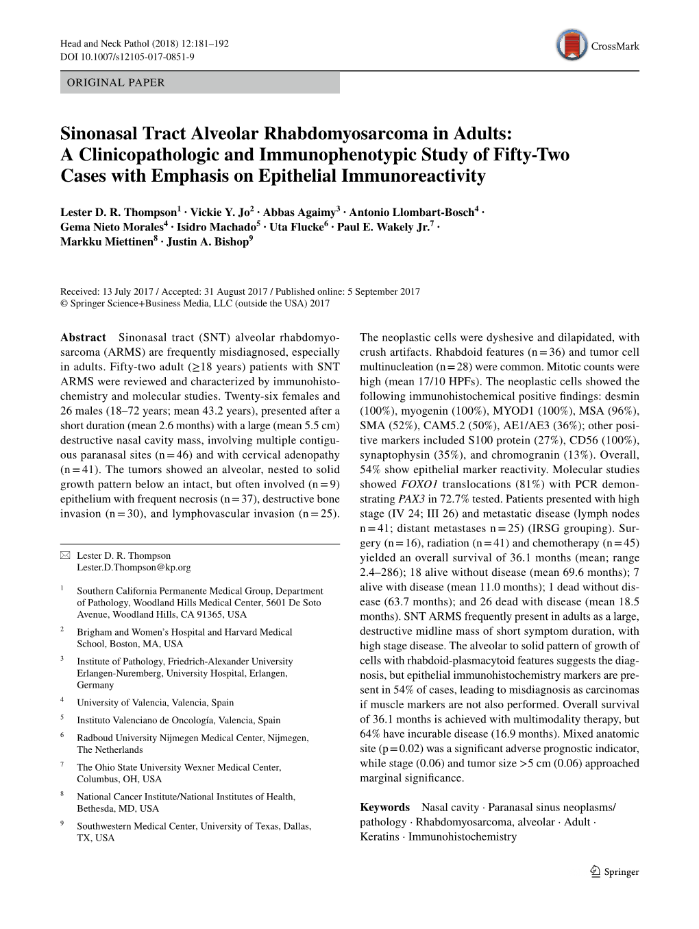 Sinonasal Tract Alveolar Rhabdomyosarcoma in Adults: a Clinicopathologic and Immunophenotypic Study of Fifty-Two Cases with Emphasis on Epithelial Immunoreactivity