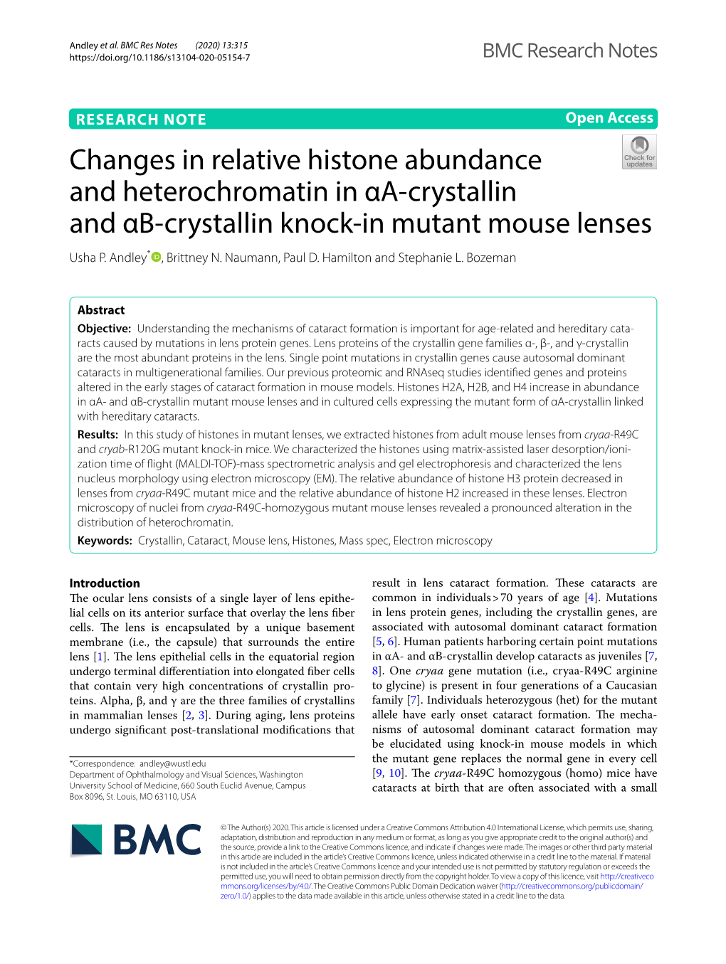Changes in Relative Histone Abundance and Heterochromatin in Αa‑Crystallin and Αb‑Crystallin Knock‑In Mutant Mouse Lenses Usha P