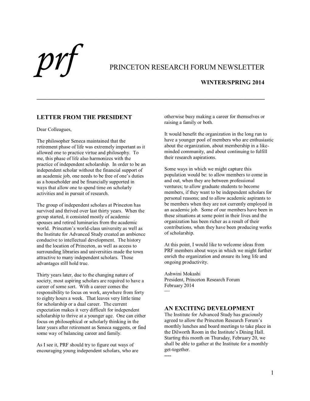 Prf PRINCETON RESEARCH FORUM NEWSLETTER WINTER/SPRING 2014