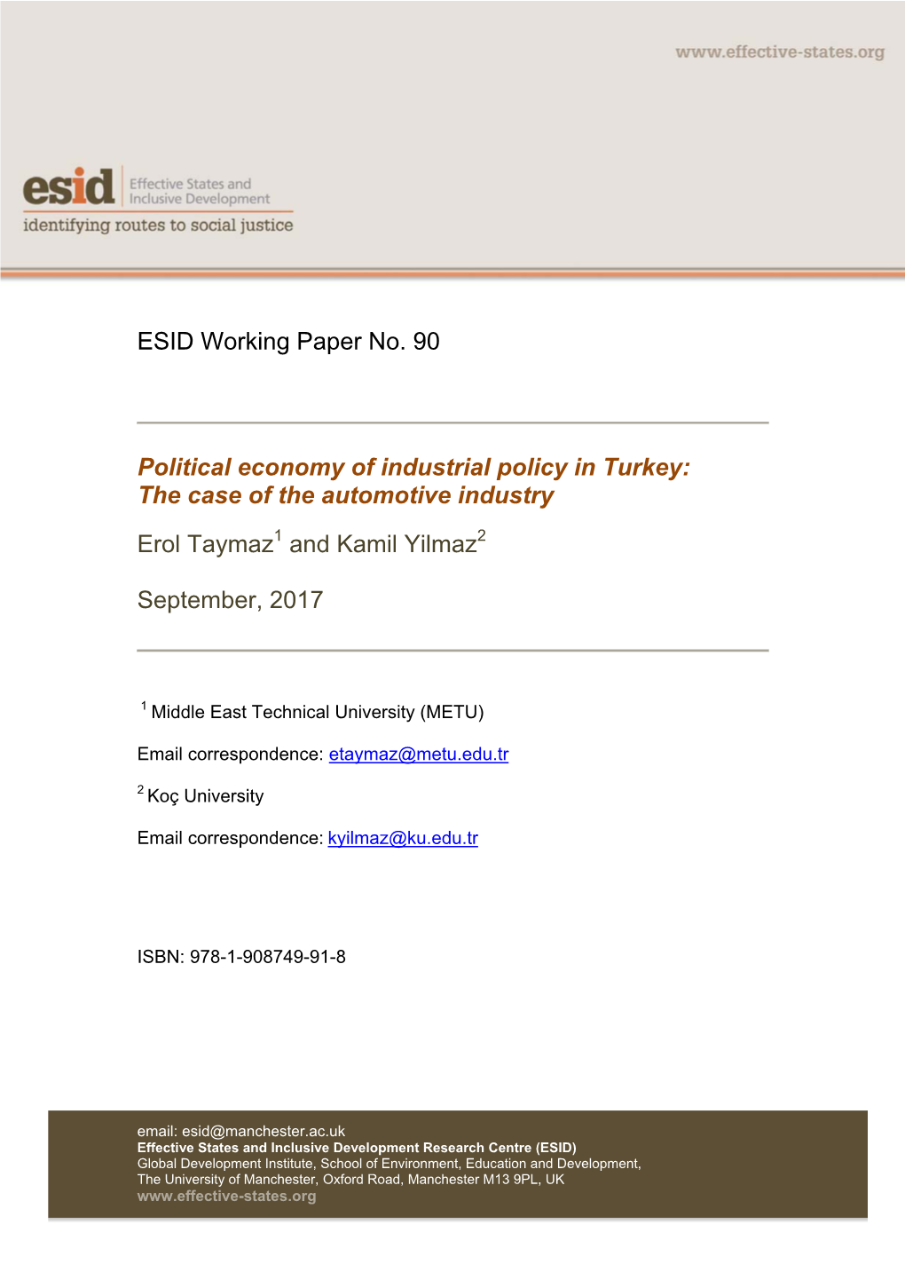 ESID Working Paper No. 90 Political Economy of Industrial Policy in Turkey