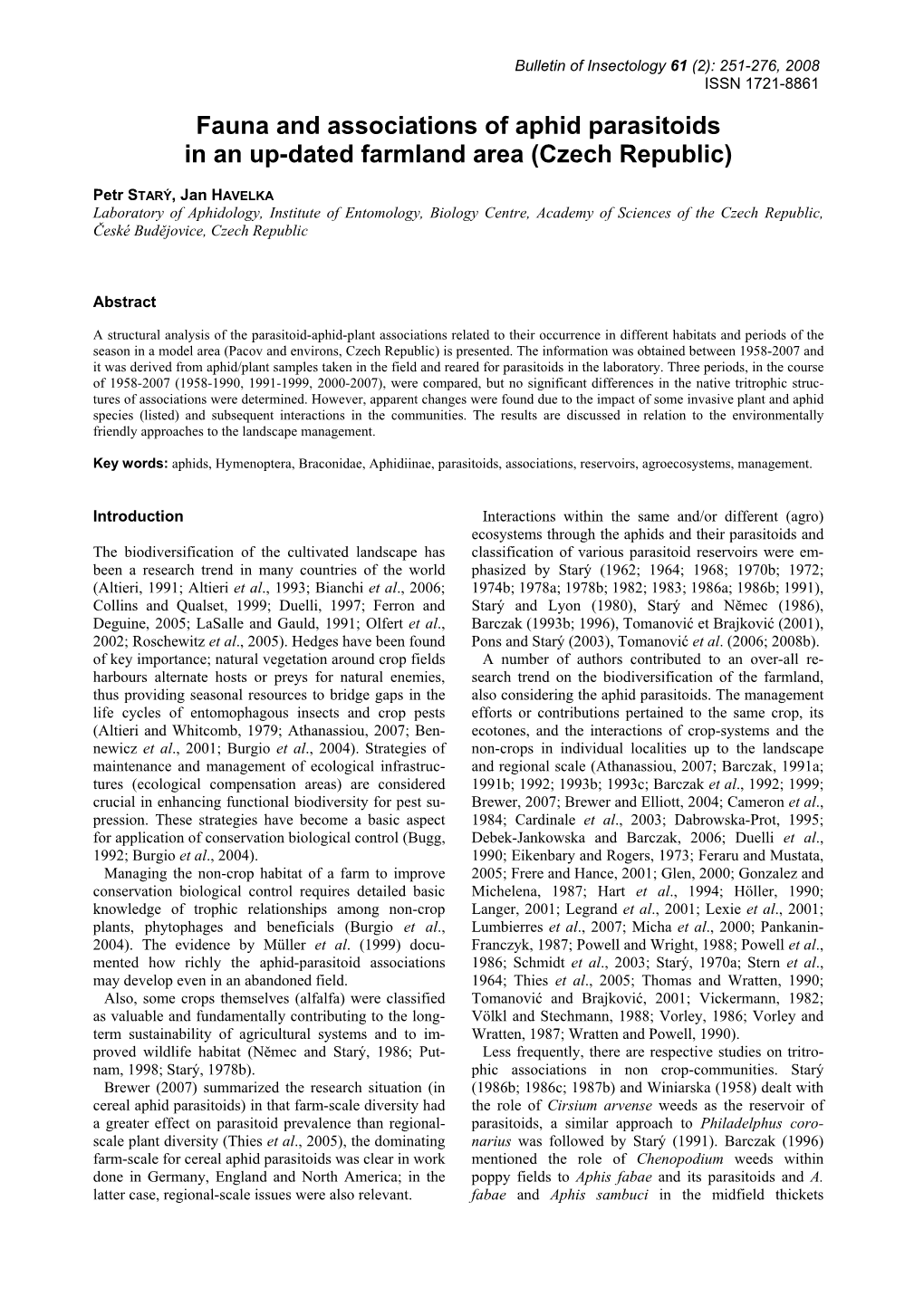 Fauna and Associations of Aphid Parasitoids in an Up-Dated Farmland Area (Czech Republic)