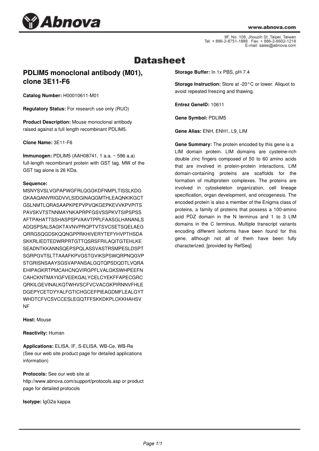 PDLIM5 Monoclonal Antibody (M01), Clone 3E11-F6