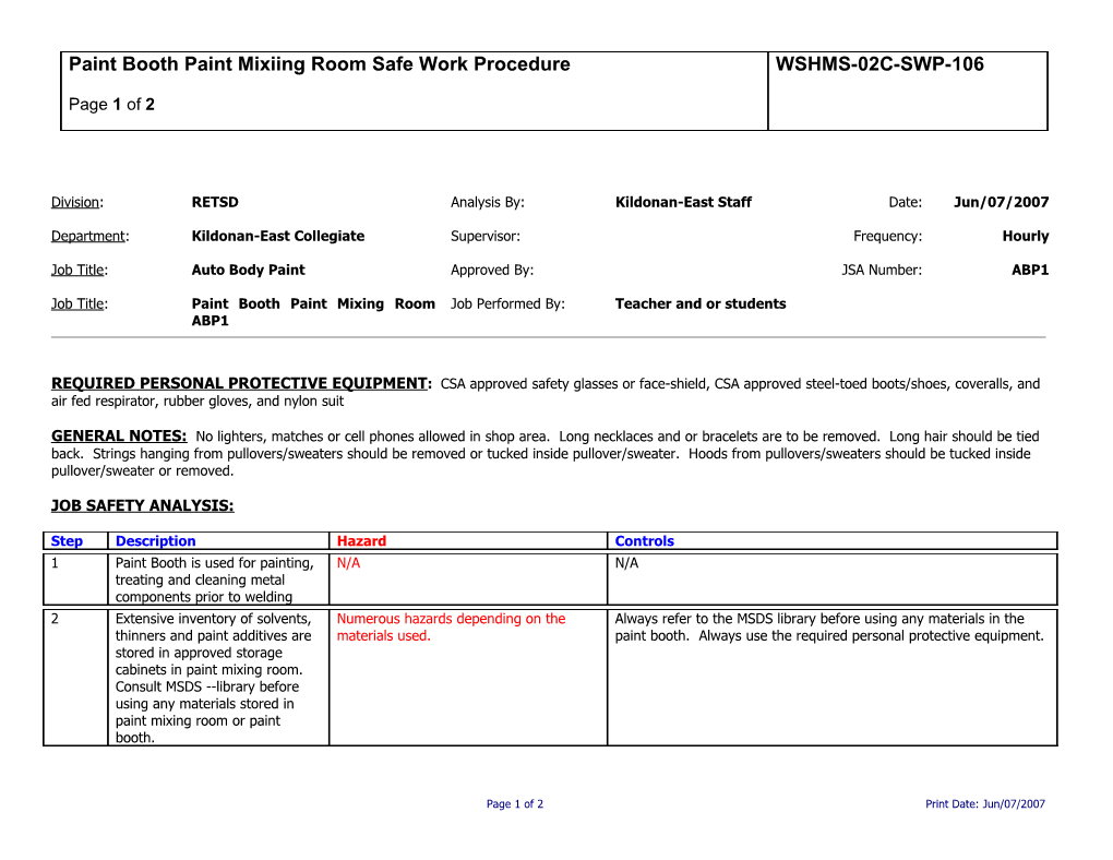 SWP-106 Paint Booth and Paint Mixing Room Safe Work Procedure