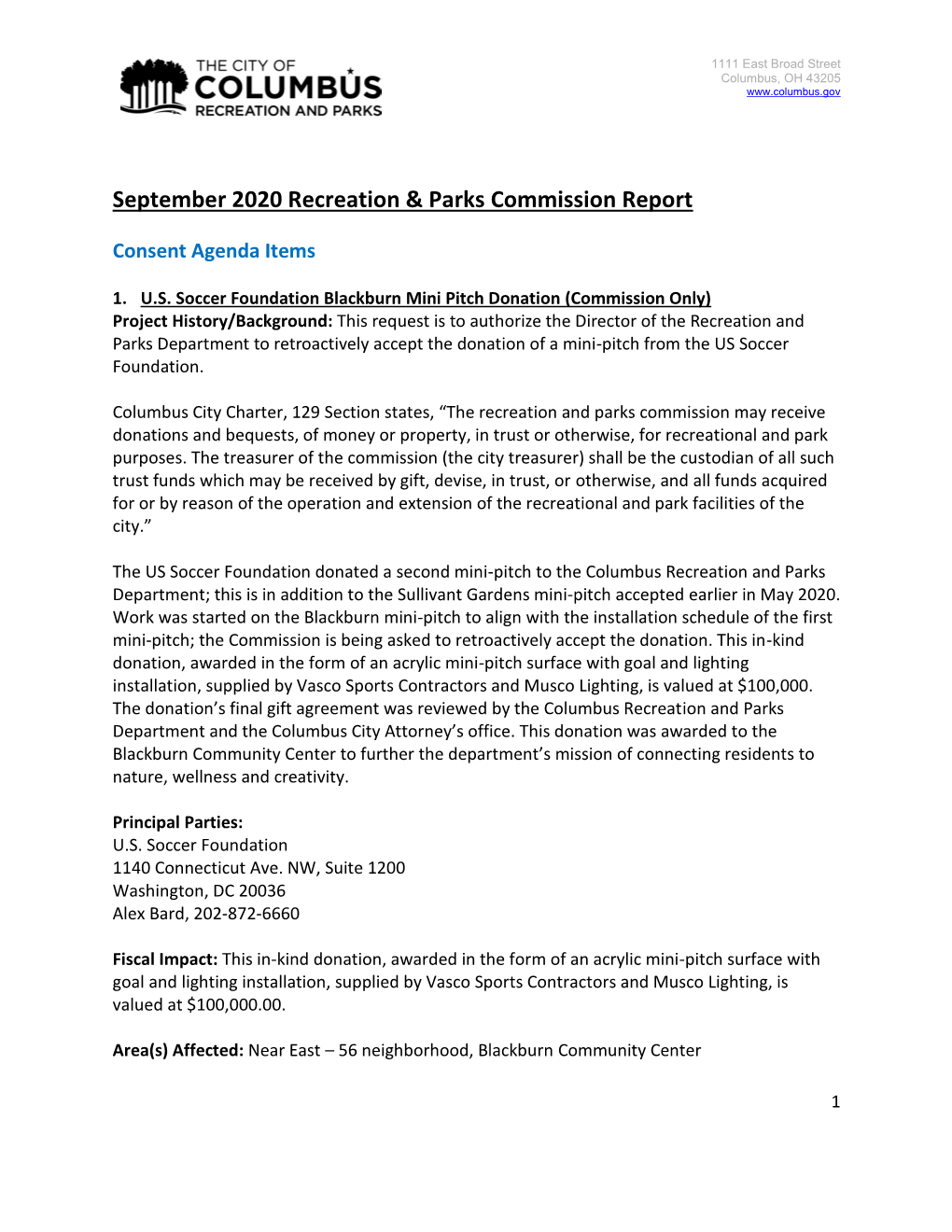 September 2020 Recreation & Parks Commission Report