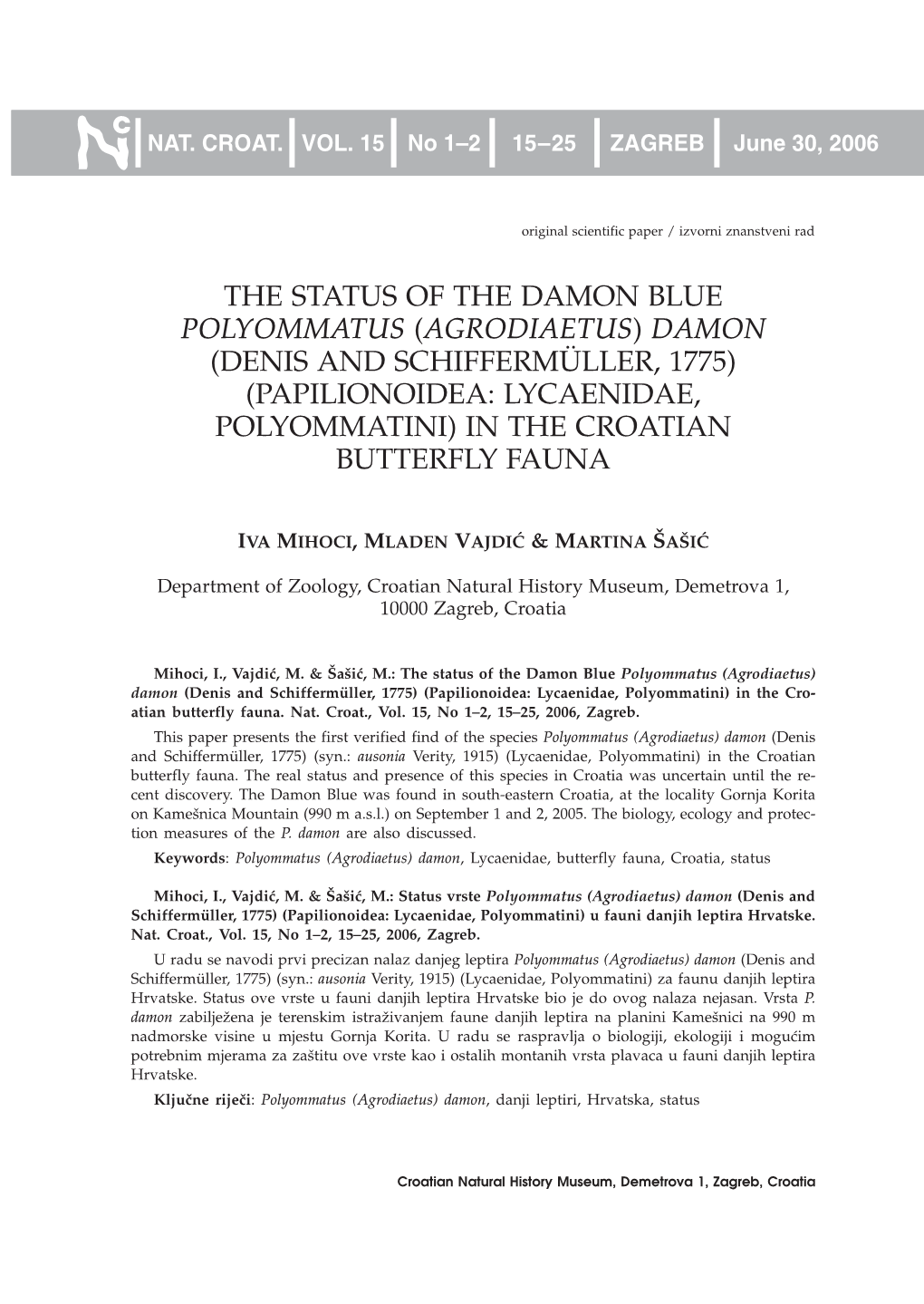 The Status of the Damon Blue Polyommatus (Agrodiaetus