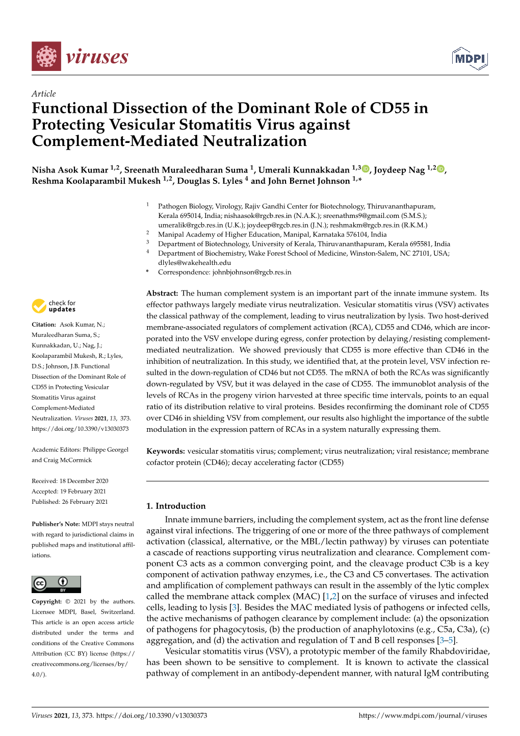 Functional Dissection of the Dominant Role of CD55 in Protecting Vesicular Stomatitis Virus Against Complement-Mediated Neutralization