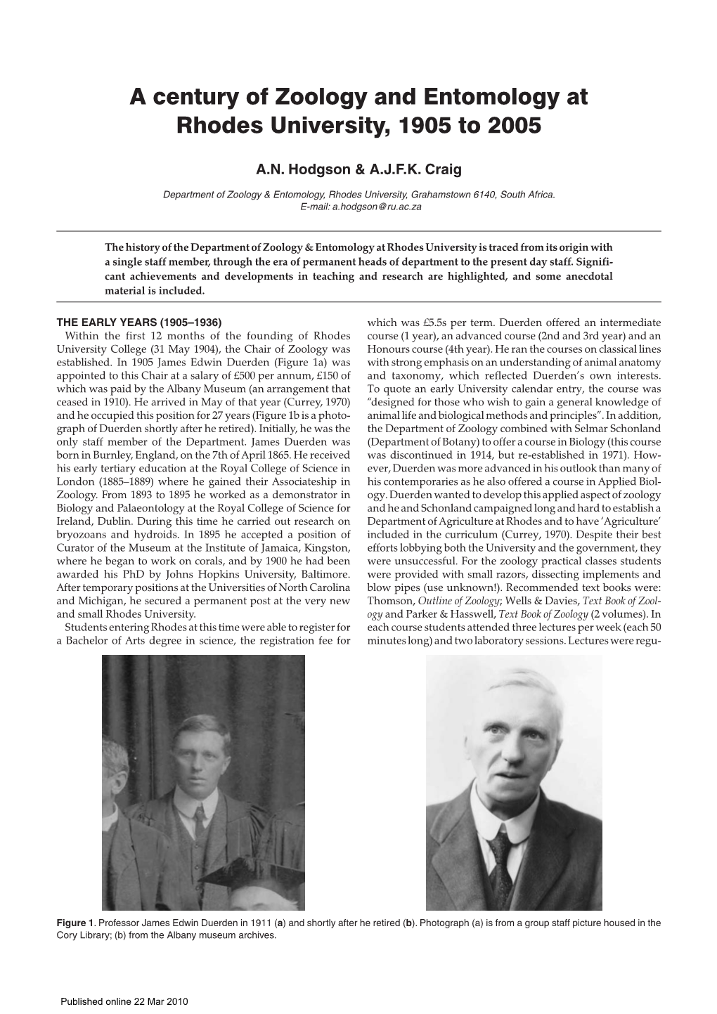 A Century of Zoology and Entomology at Rhodes University, 1905 to 2005