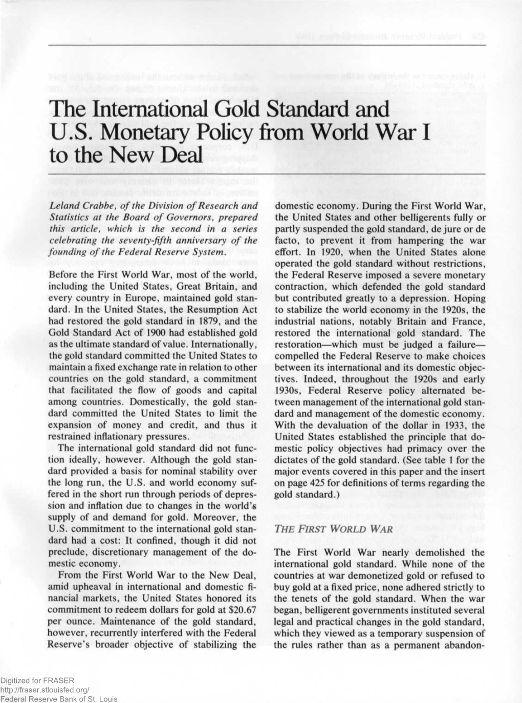 International Gold Standard and U.S. Moentary Policy from World War I To