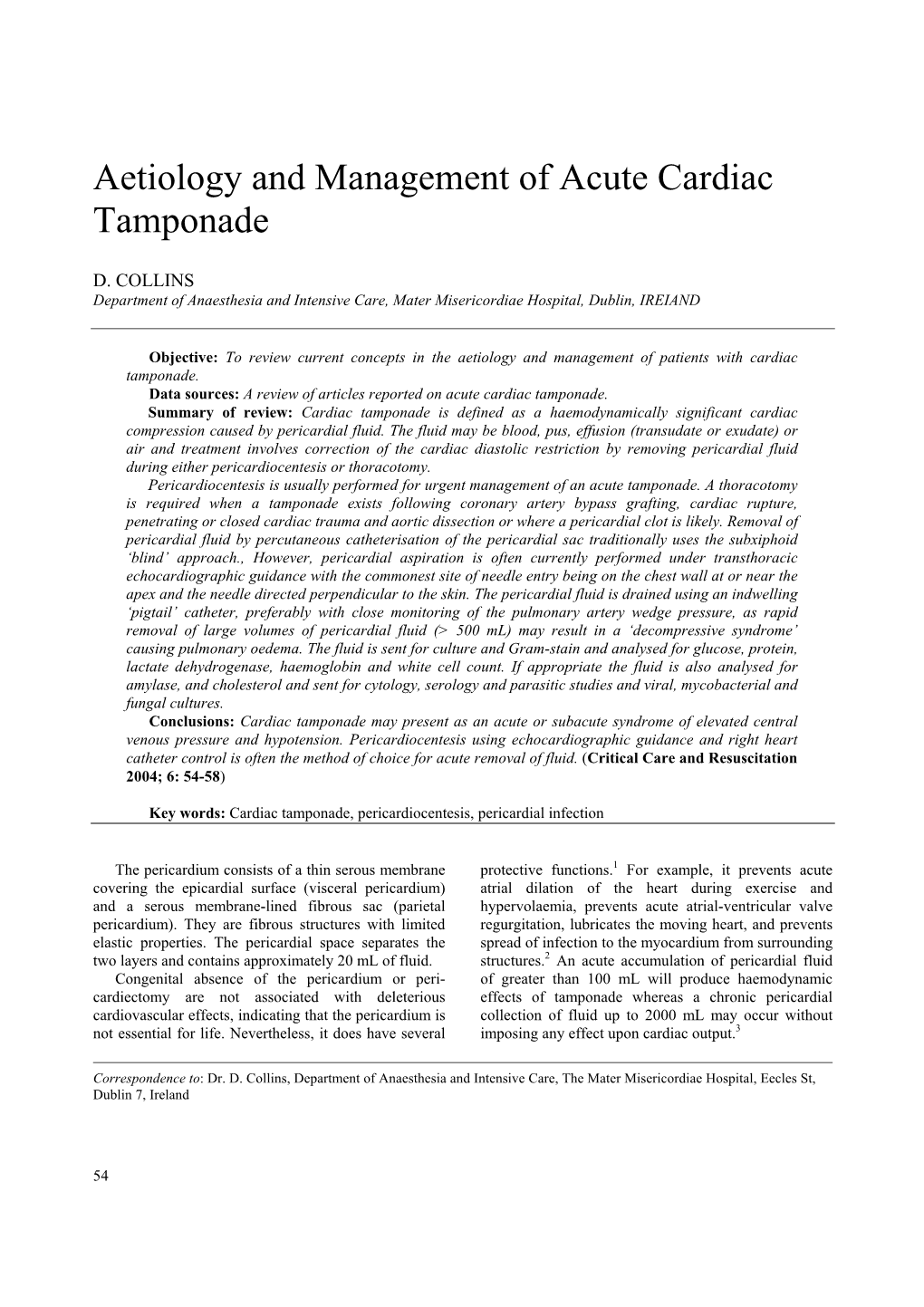 Aetiology and Management of Acute Cardiac Tamponade