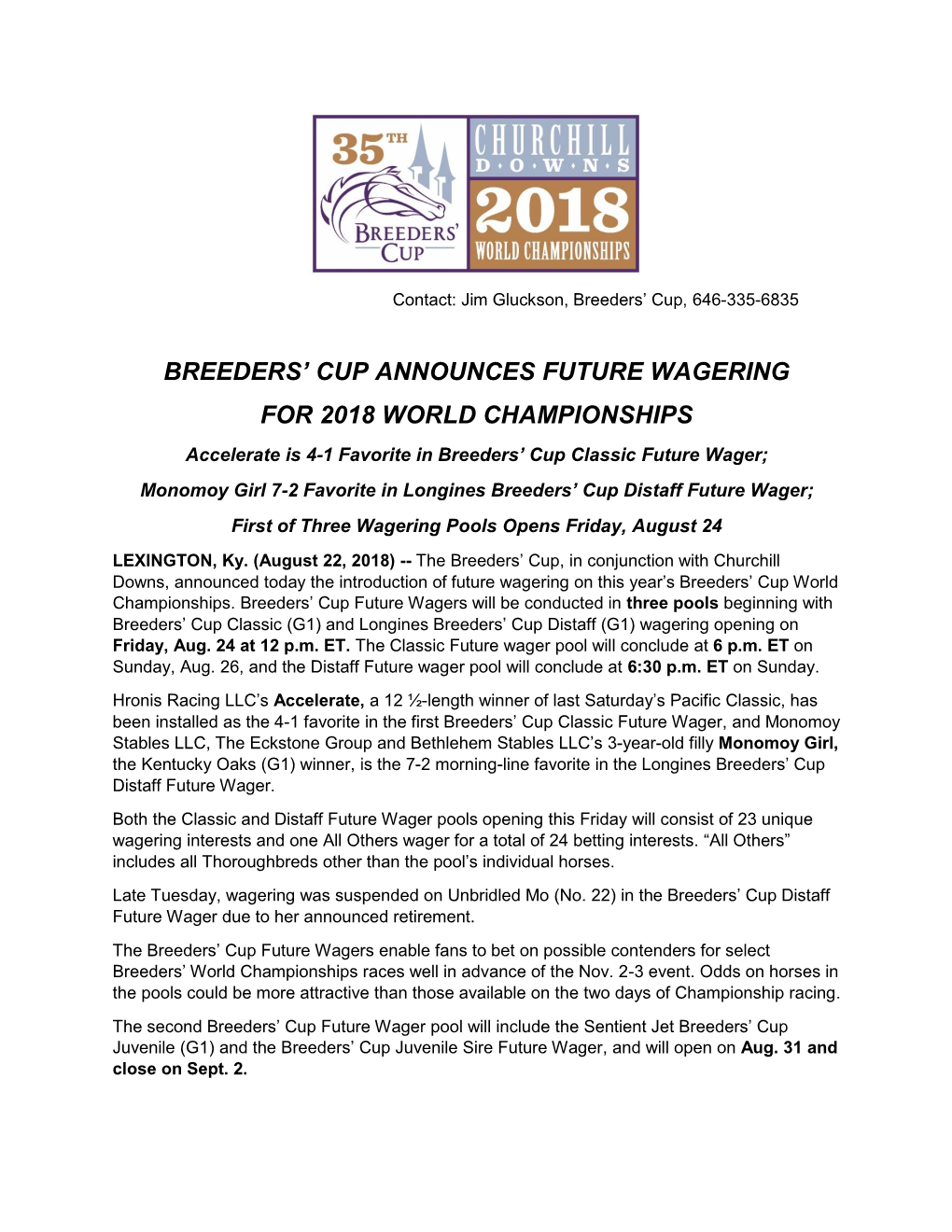 Breeders' Cup Announces Future Wagering for 2018 World