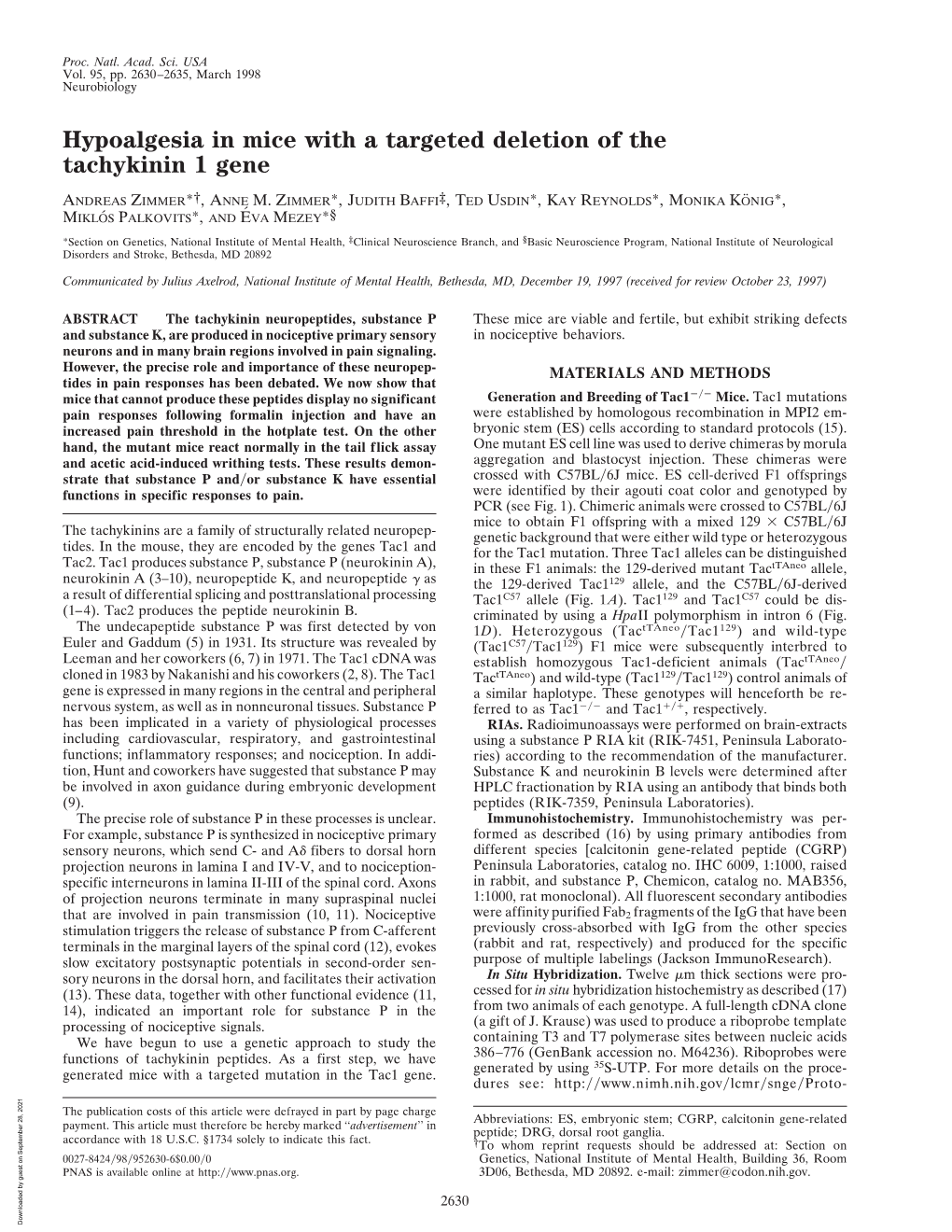 Hypoalgesia in Mice with a Targeted Deletion of the Tachykinin 1 Gene