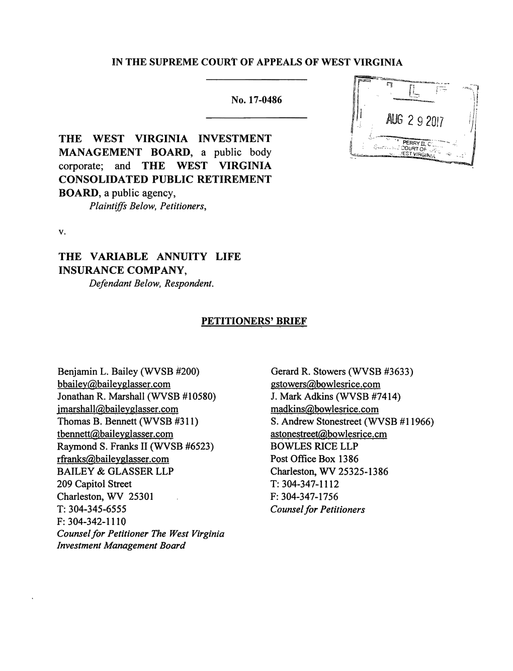 Petitioner's Brief, WV Investment Management Board and WV