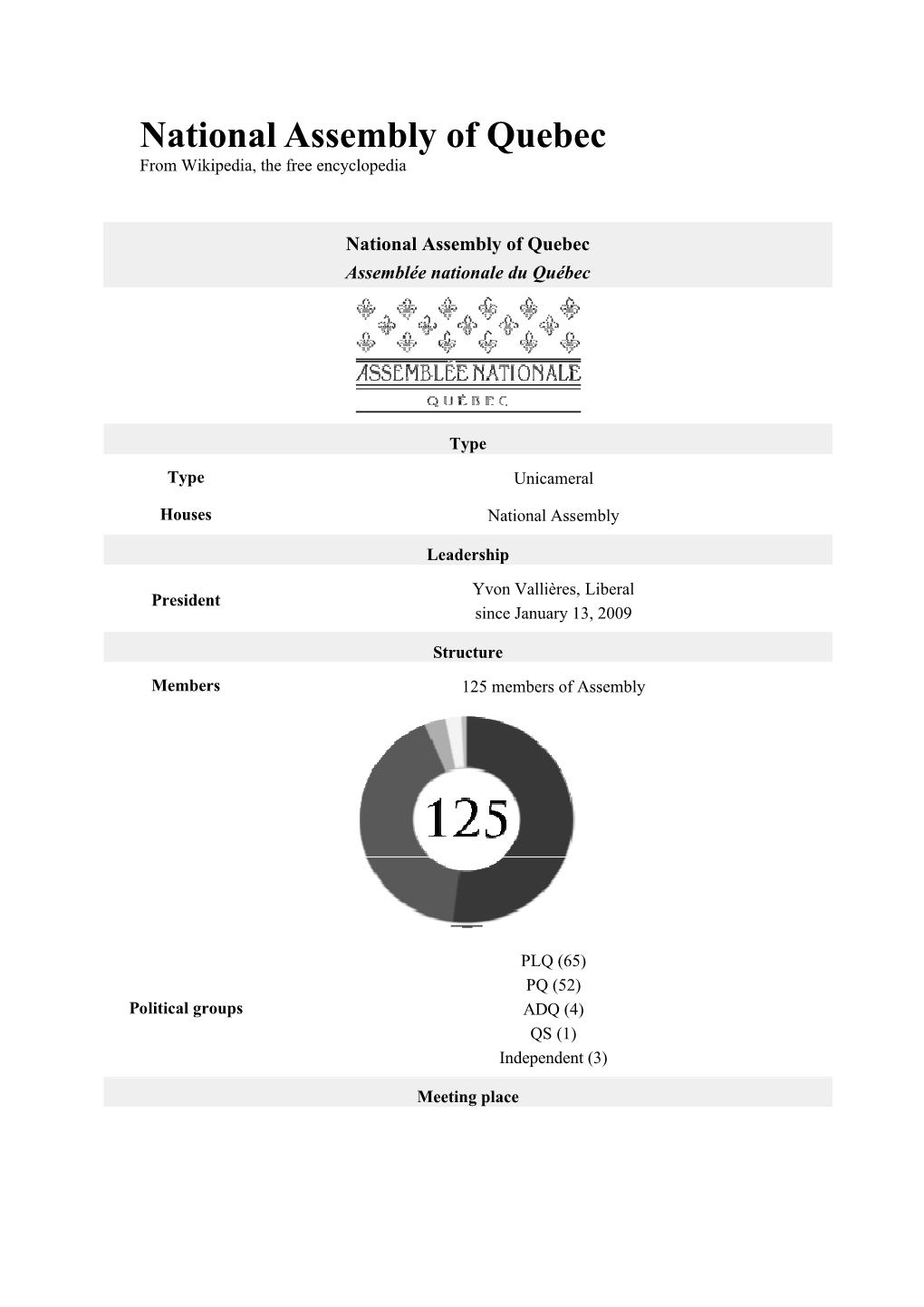 National Assembly of Quebec from Wikipedia, the Free Encyclopedia