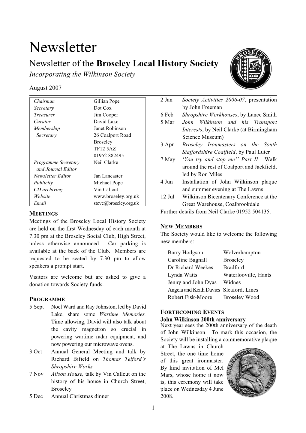 August 2007 Newsletter