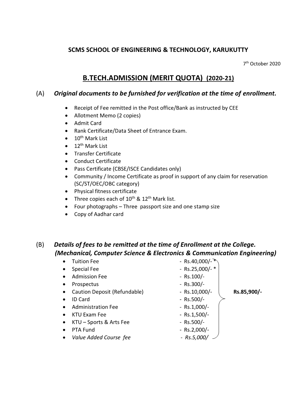 B.Tech.Admission (Merit Quota) (2020-21)