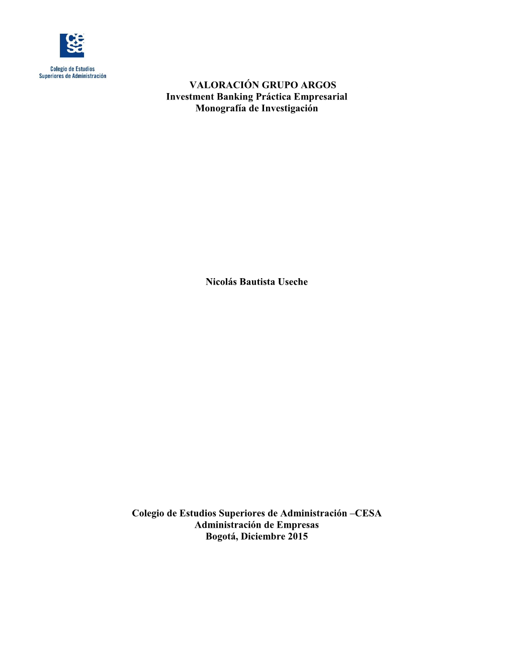 VALORACIÓN GRUPO ARGOS . Investment Banking Práctica Empresarial Monografía De Investigación