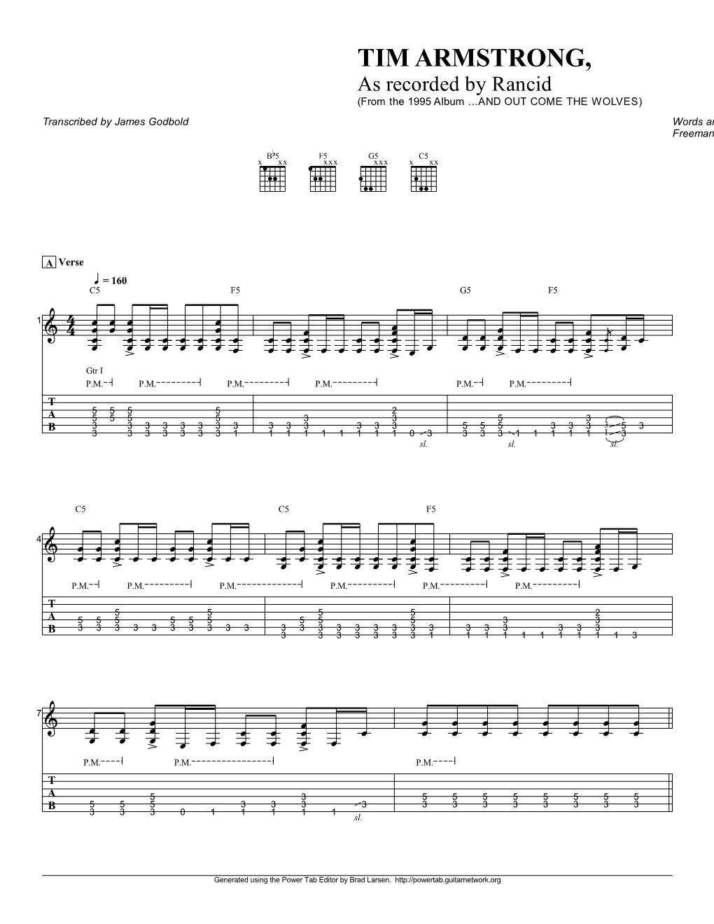 Rancid (From the 1995 Album ...AND out COME the WOLVES) Transcribed by James Godbold Words and Music by Tim Armstrong, Matt Freeman and Lars Frederiksen