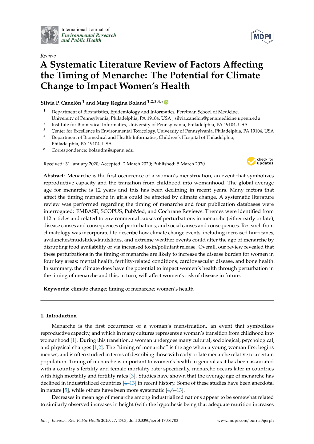 A Systematic Literature Review of Factors Affecting the Timing of Menarche